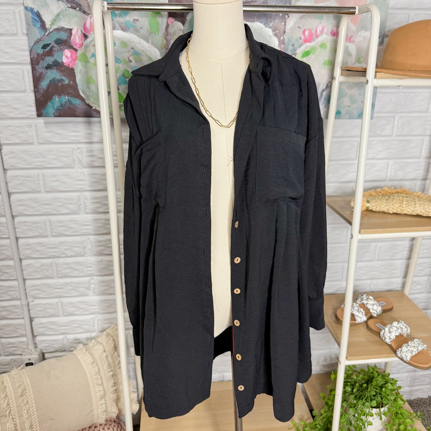 BTFBM Oversized Long Sleeve Black Button Down Shirt Dress (M)