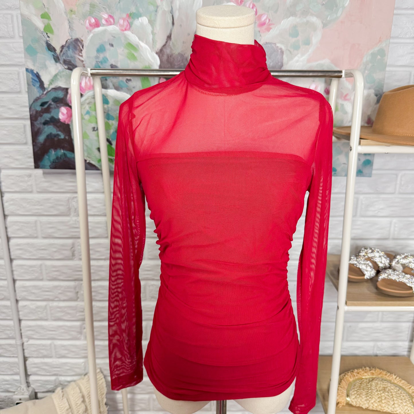 Zeagoo New Red Mock Turtleneck Mesh Long Sleeve Top (M)