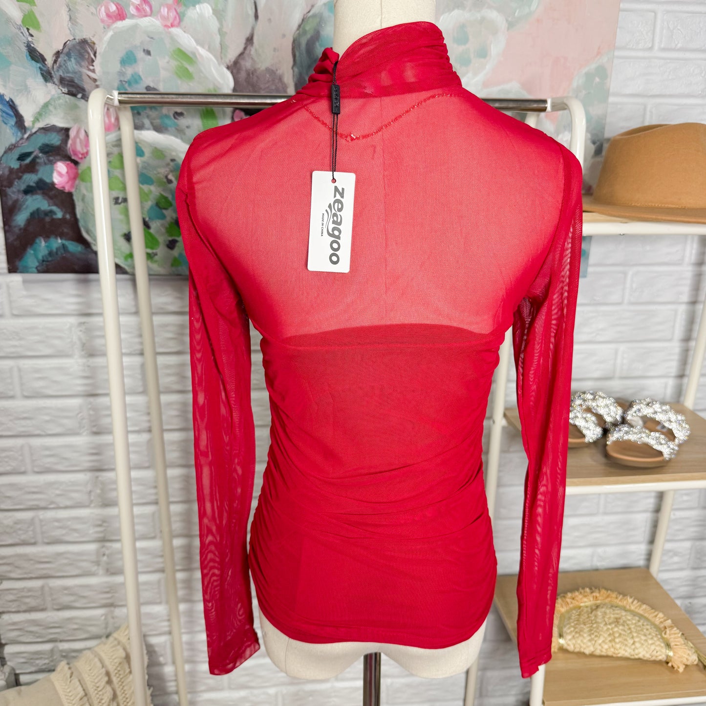 Zeagoo New Red Mock Turtleneck Mesh Long Sleeve Top (M)