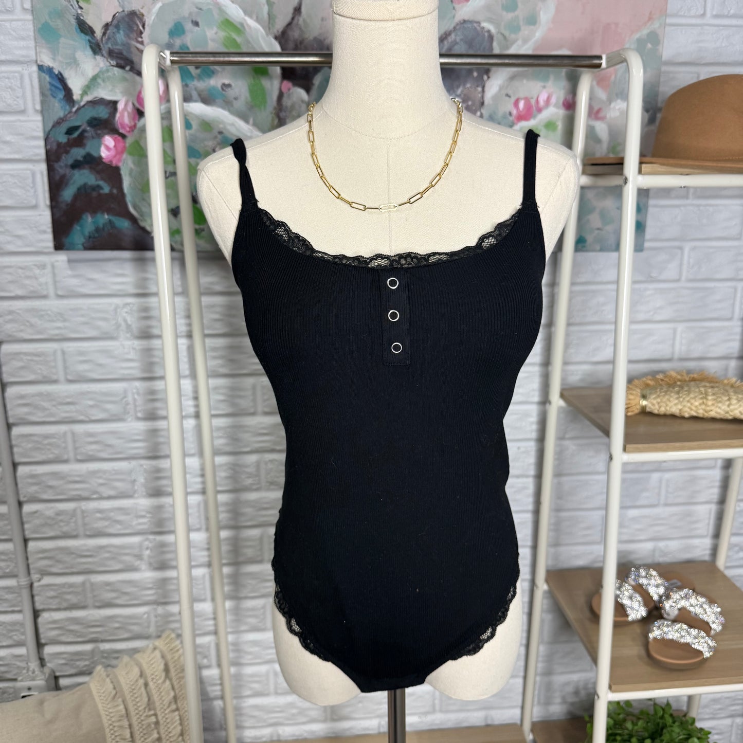 Popilush New Black Lace Trim Bodysuit (M)
