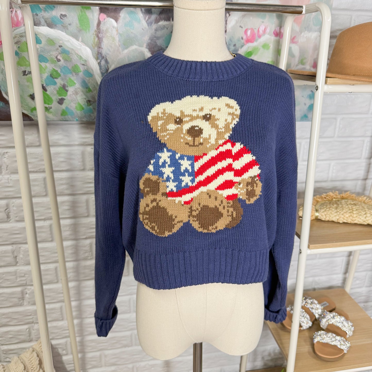 Grayson Threads Navy Knit American Flag Bear Sweater (S)