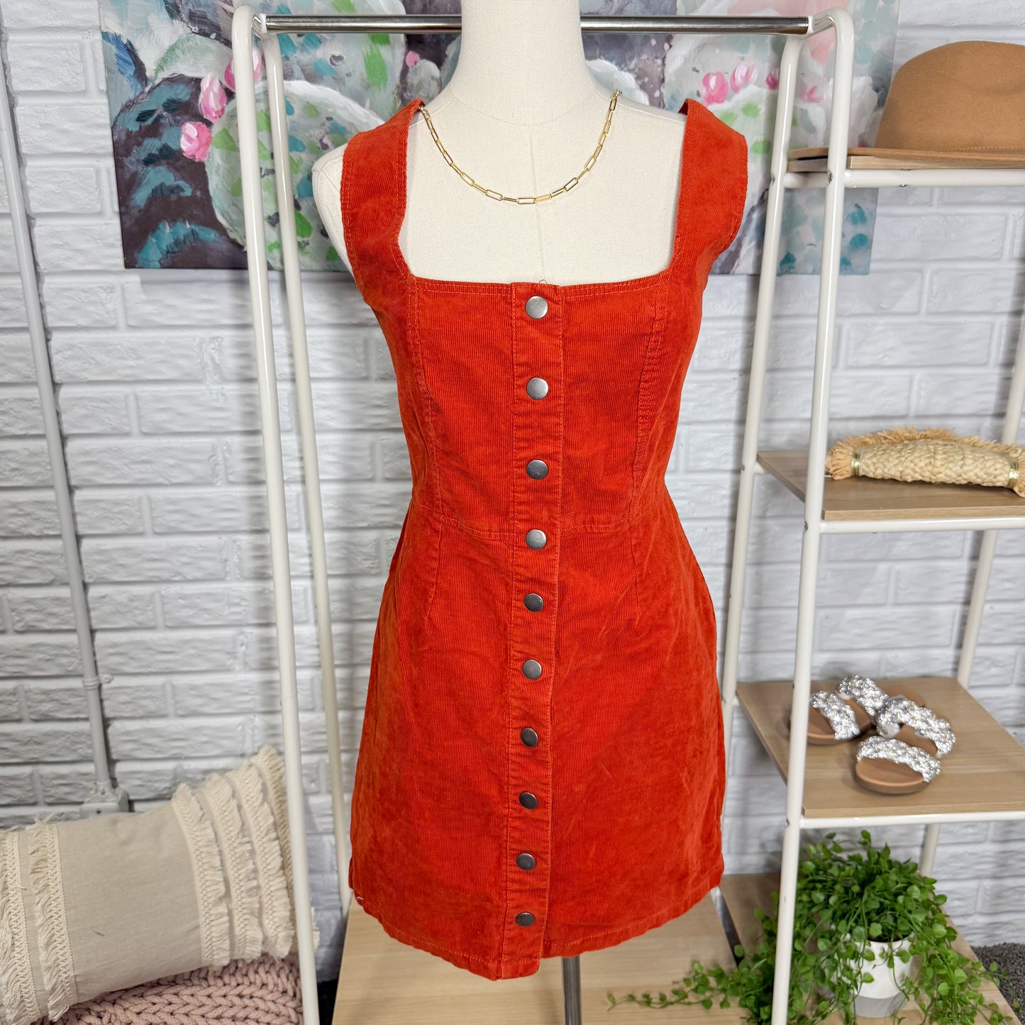 UO Urban Outfitters Rust Orange Corduroy Button Front Mini Dress Size 8