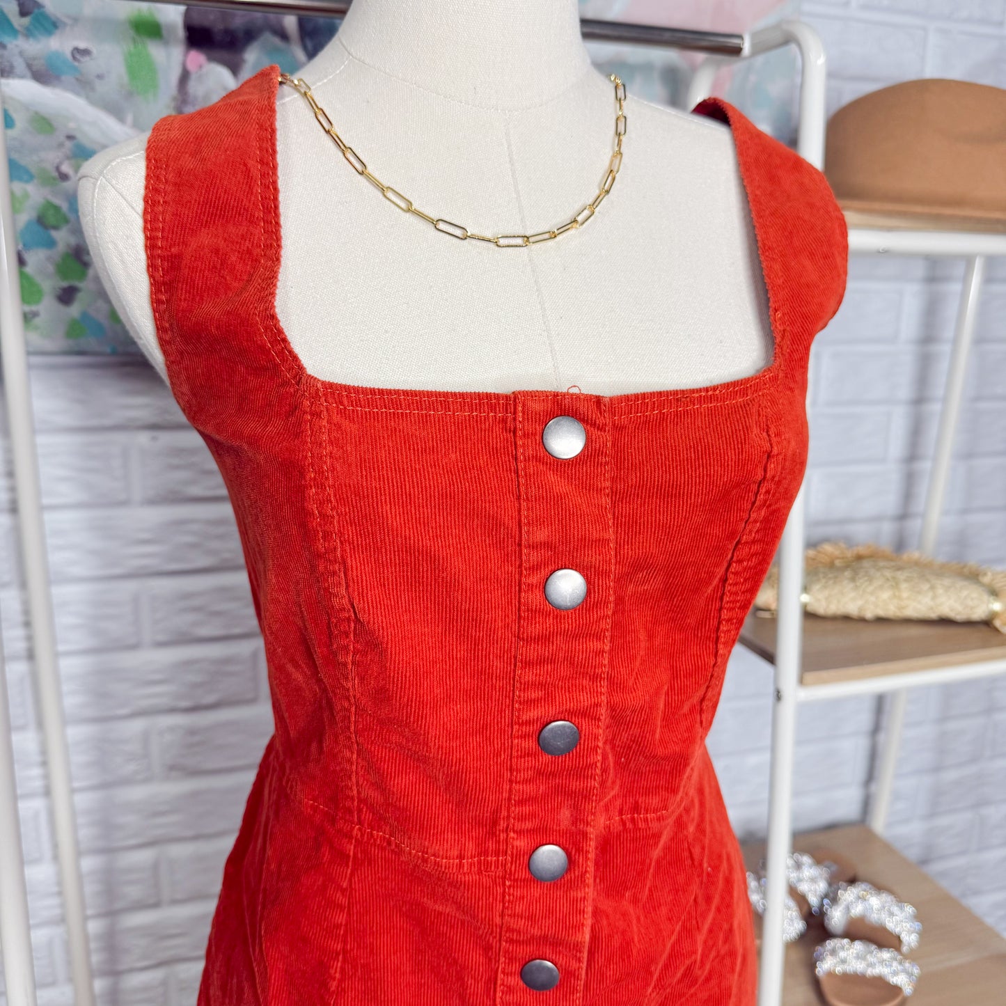 UO Urban Outfitters Rust Orange Corduroy Button Front Mini Dress Size 8