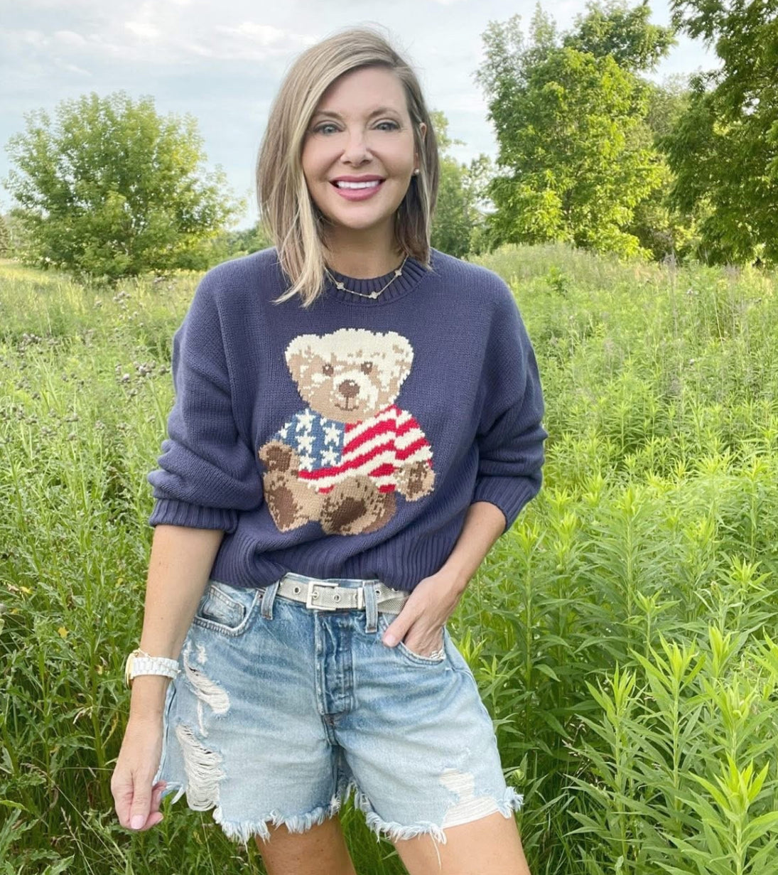 Grayson Threads Navy Knit American Flag Bear Sweater (S)