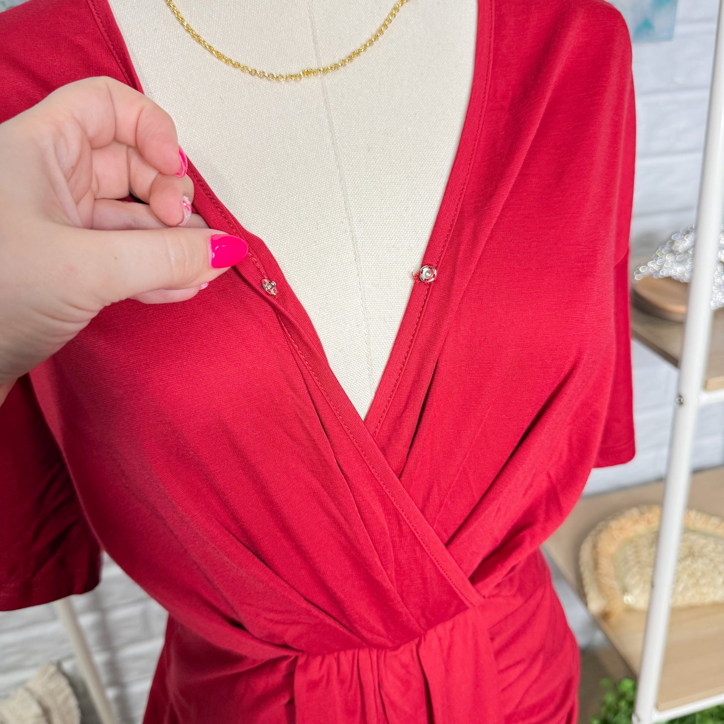 Prettygarden New Red Midi Short Sleeve Dress (S)