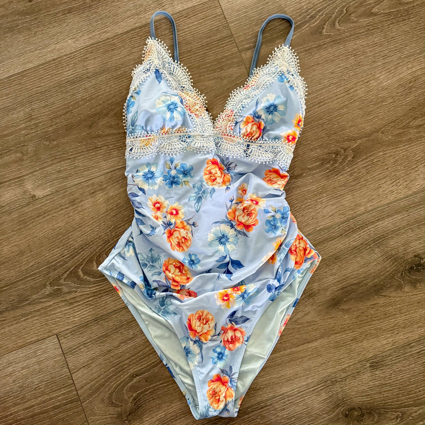 Cupshe Blue Floral Lace-Up Back One-Piece (M)