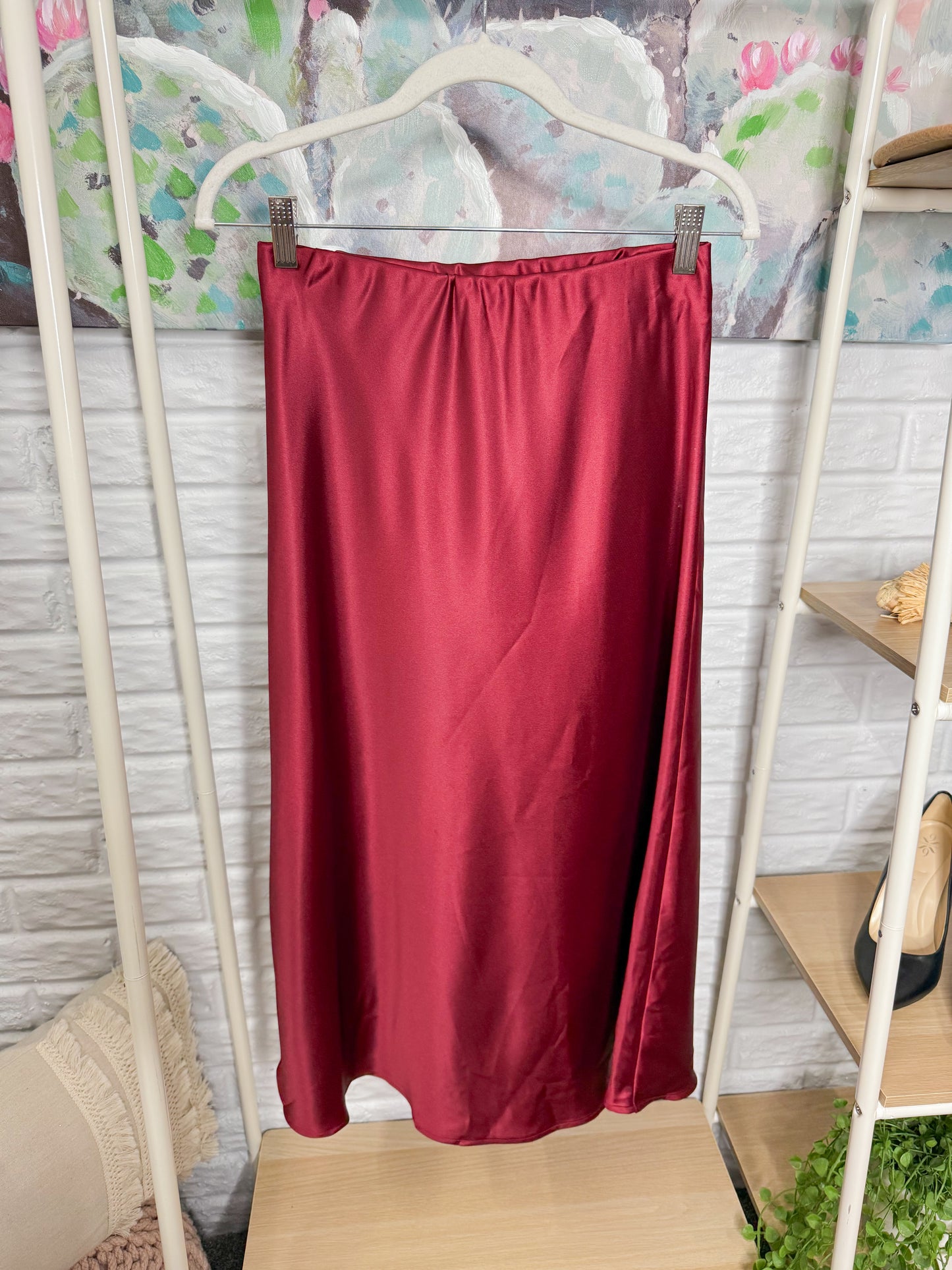 BTFBM Maroon Satin Midi Skirt (S)