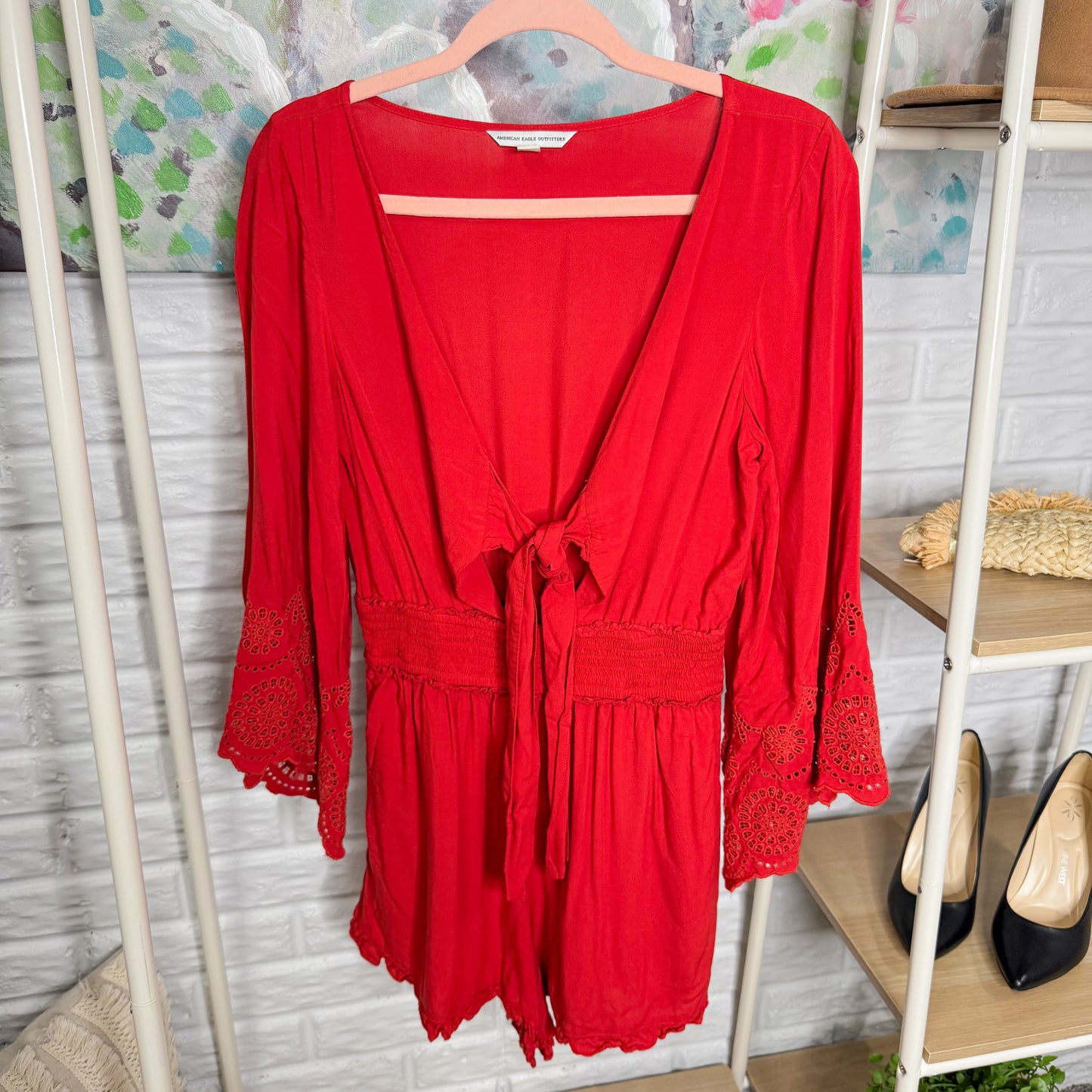 American Eagle Red Tie Front Bell Sleeve Romper (M)