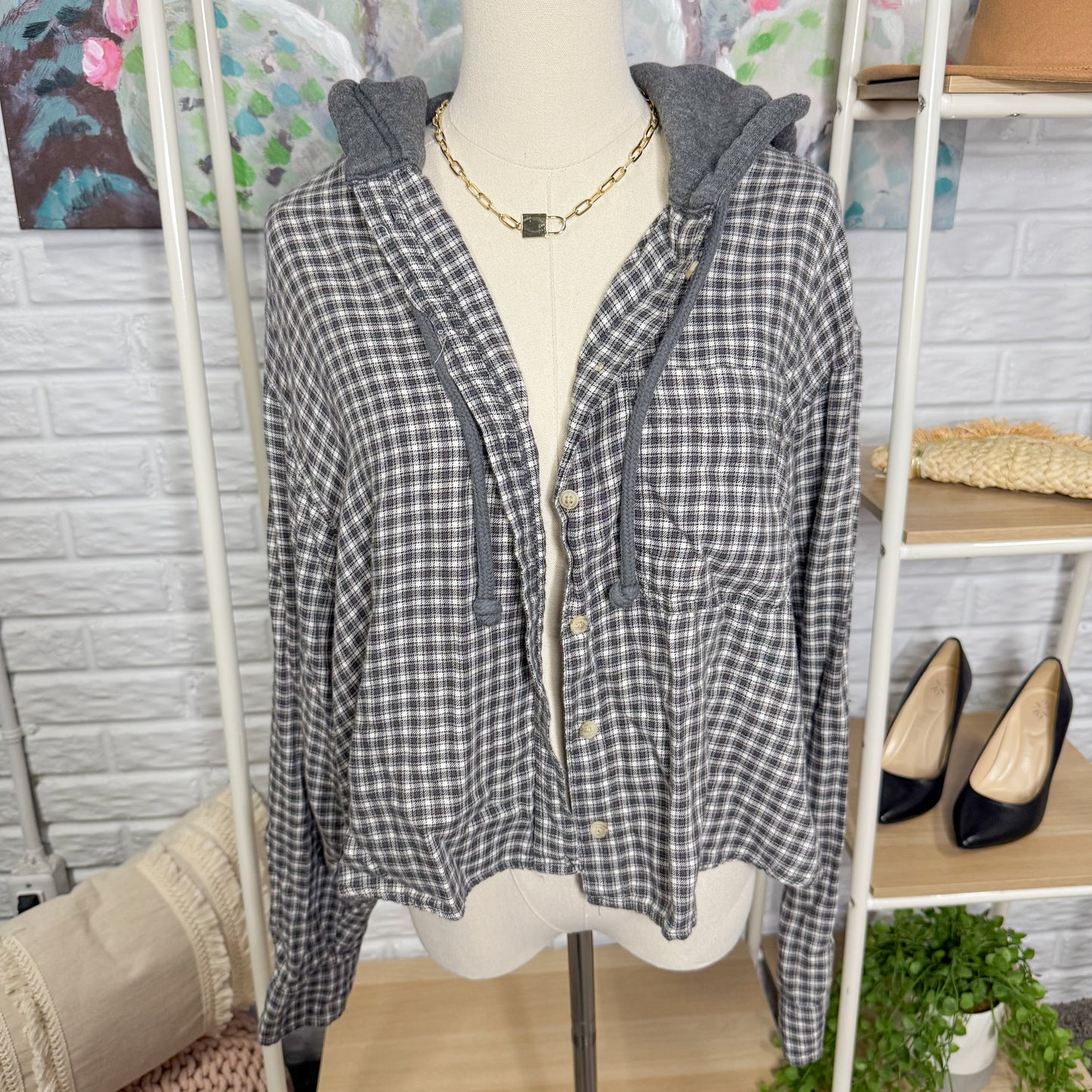 American Eagle Grey Plaid Hooded Button Down (L)