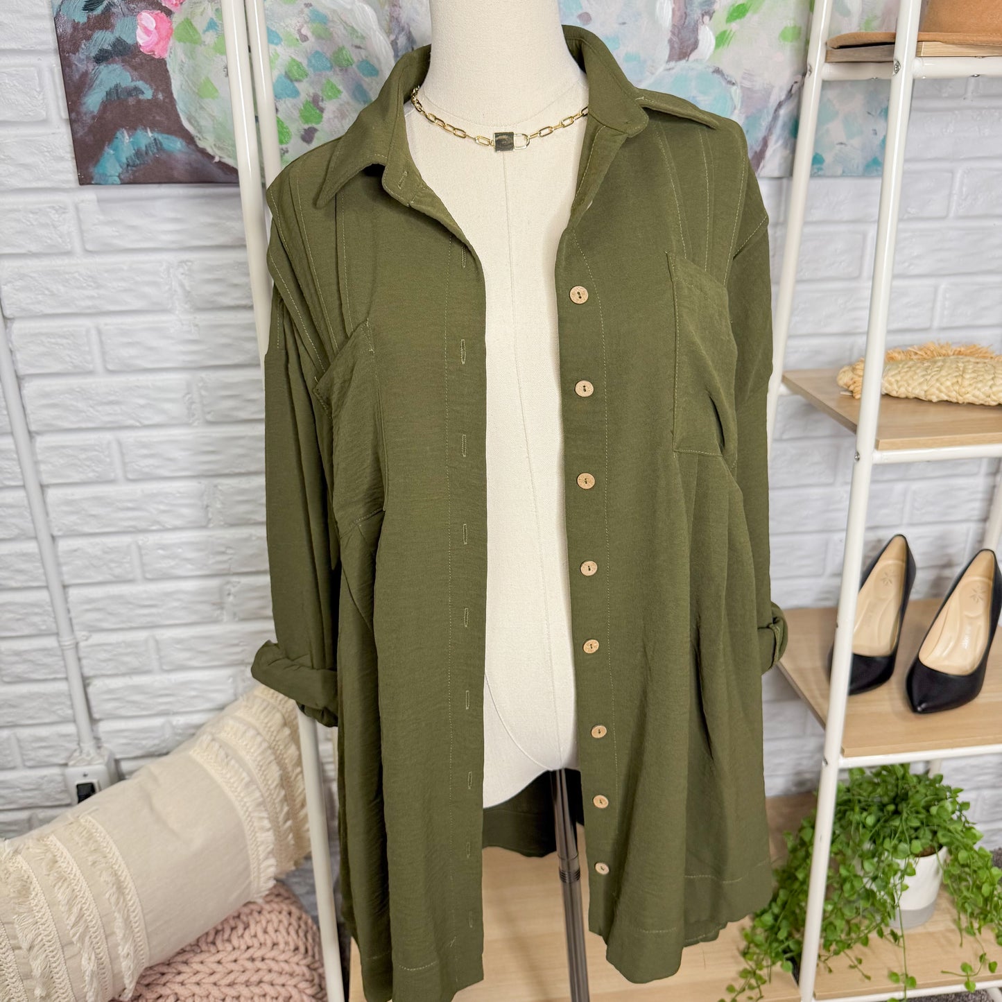 BTFBM Oversized Long Sleeve Green Shirt Dress (S)