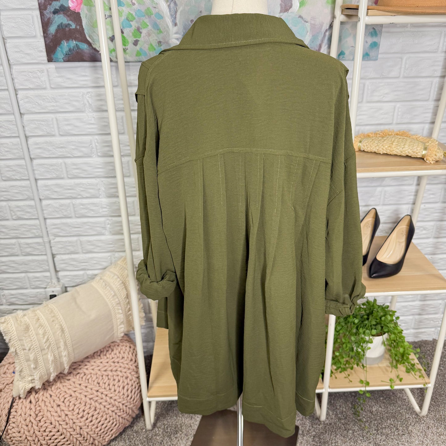 BTFBM Oversized Long Sleeve Green Shirt Dress (S)