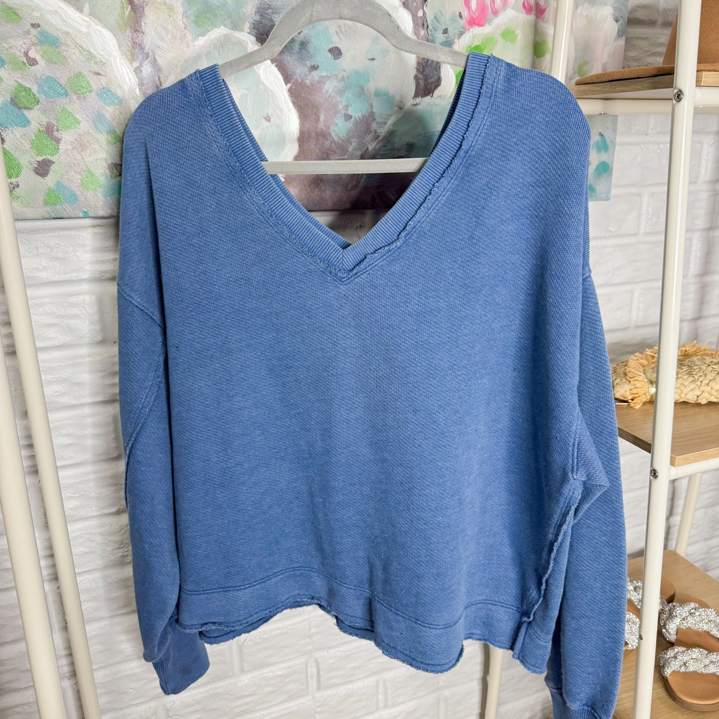 American Eagle Blue Saltwash Double V-Neck Sweatshirt + Shorts (XS/XXS)