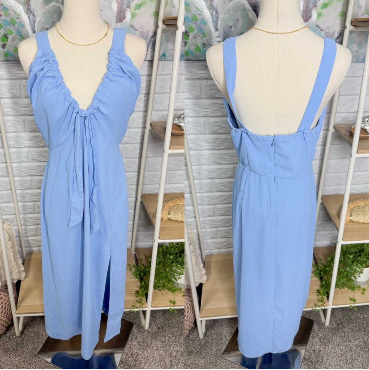 Abercrombie & Fitch Cinched Neck Slip Midi Dress Blue (M)
