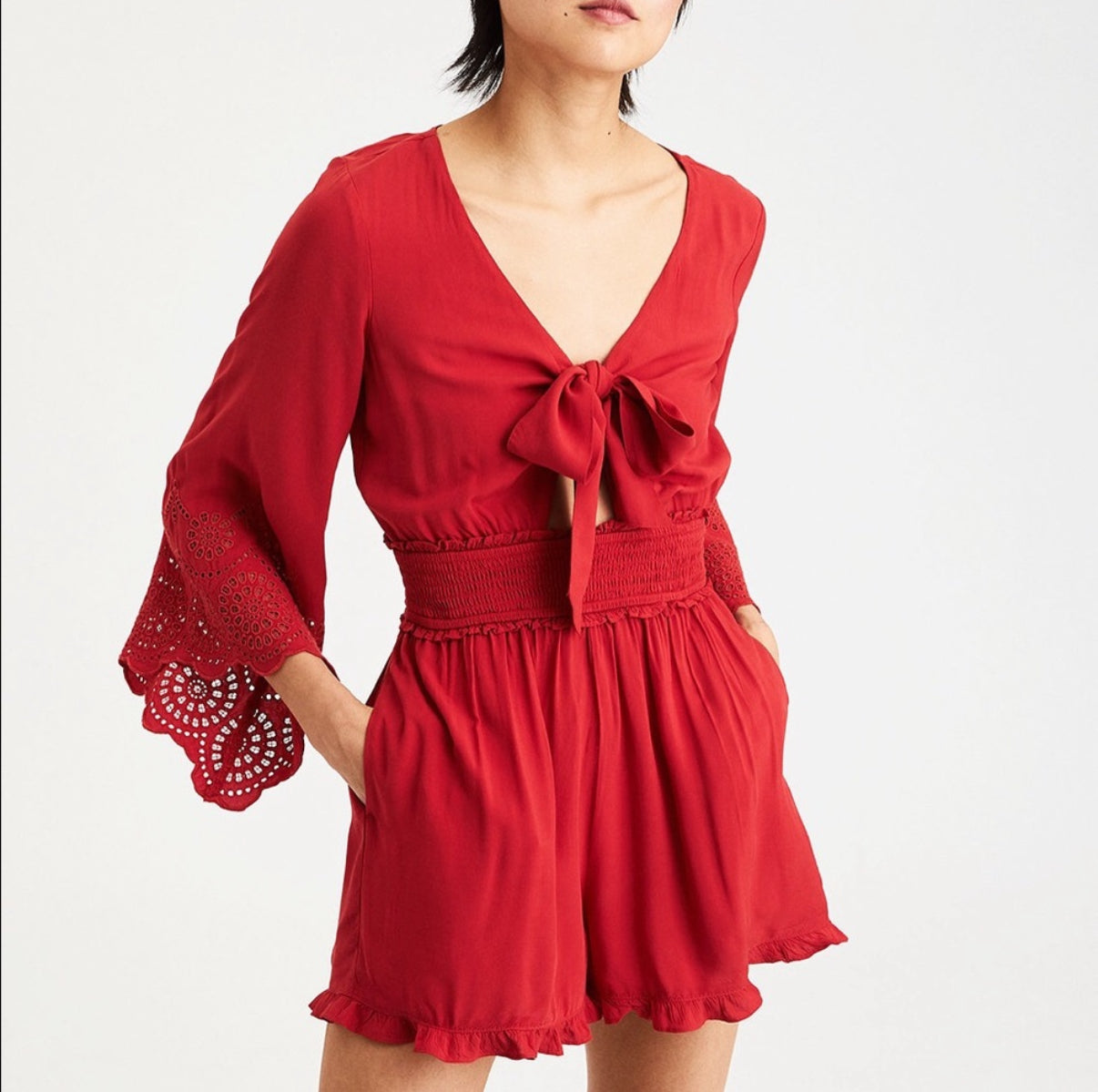 American Eagle Red Tie Front Bell Sleeve Romper (M)