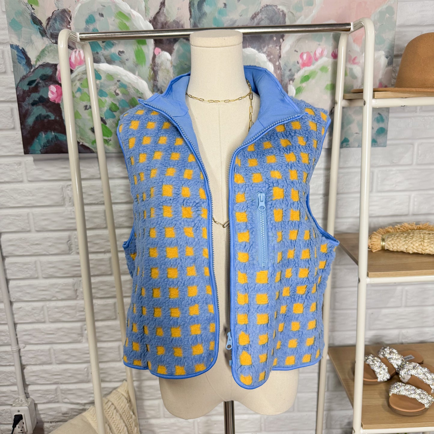 PUWEI New Blue Checkered Sherpa Vest (M)