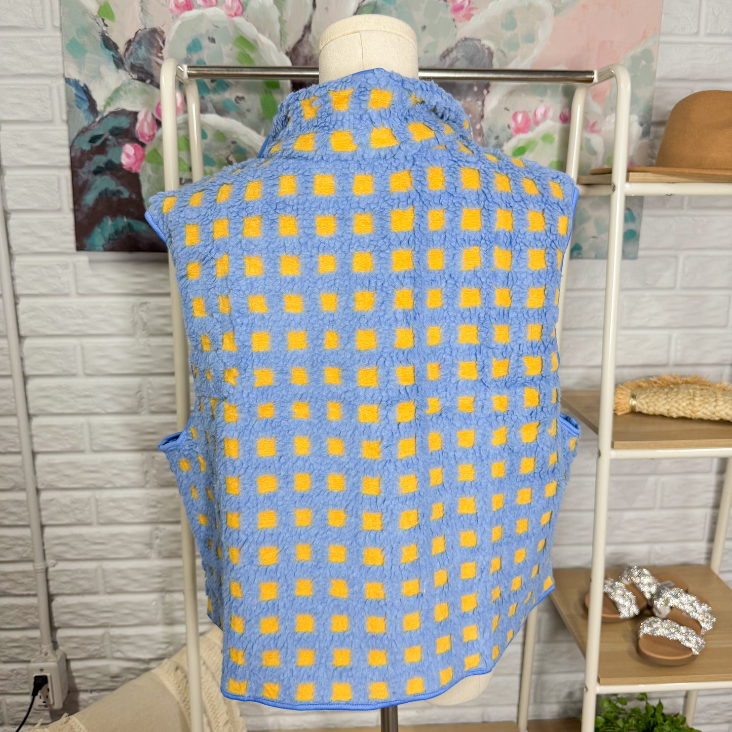 PUWEI New Blue Checkered Sherpa Vest (M)