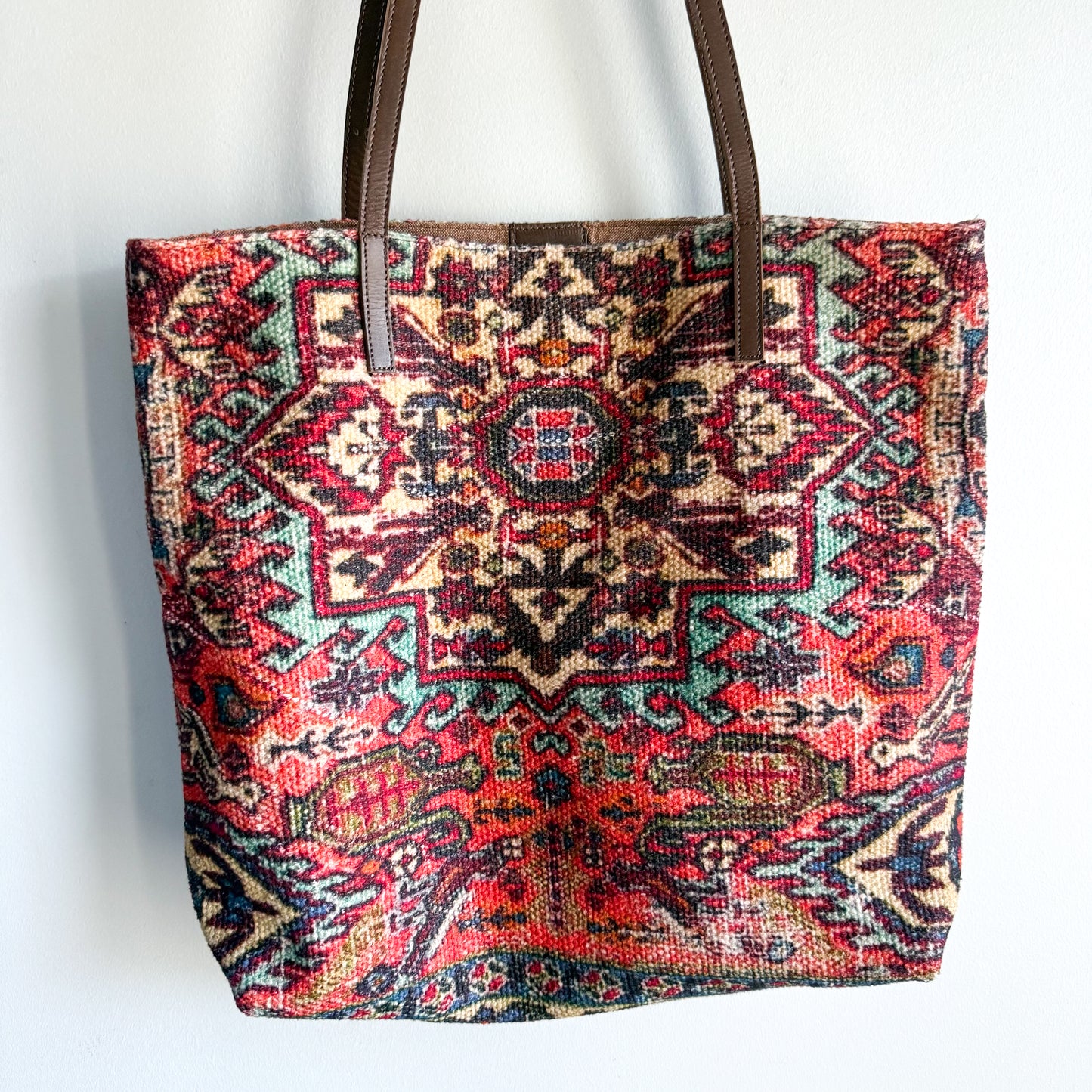 Soft Surroundings Indira Carpet Bag Woven Leather Handle Shopper Tote