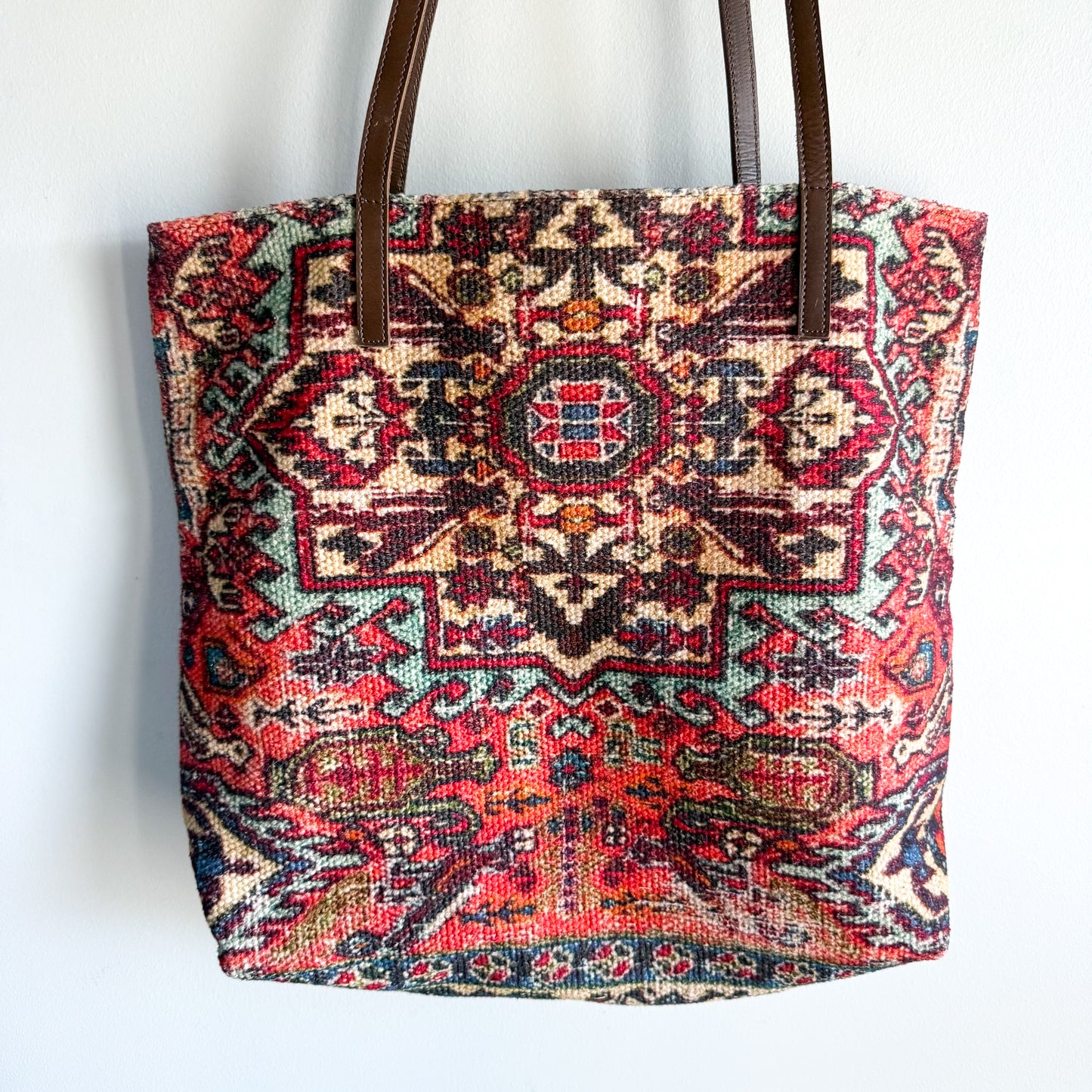 Soft Surroundings Indira Carpet Bag Woven Leather Handle Shopper Tote