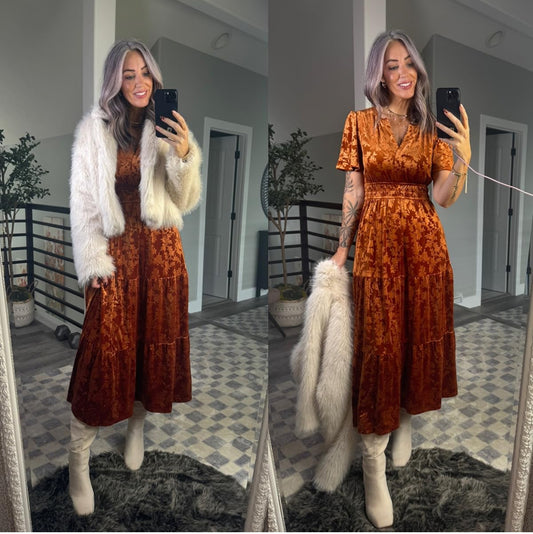 Simplee New Rust Velvet Maxi Dress (S)