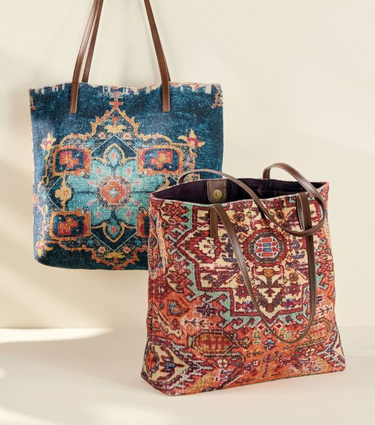 Soft Surroundings Indira Carpet Bag Woven Leather Handle Shopper Tote