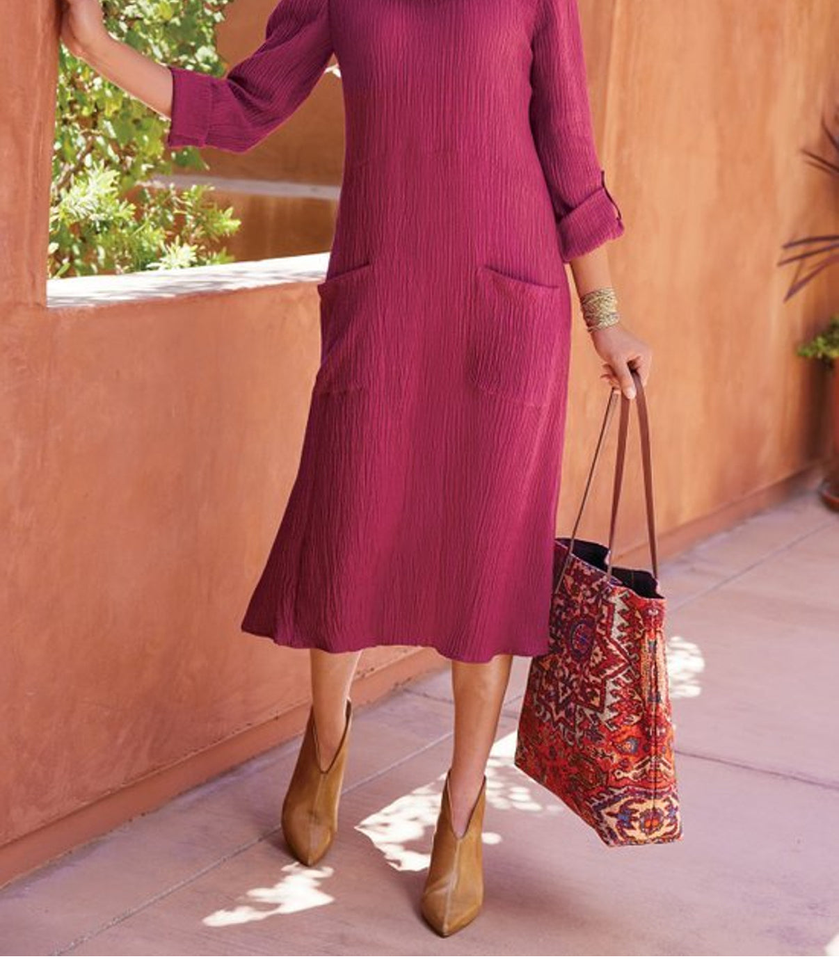 Soft Surroundings Indira Carpet Bag Woven Leather Handle Shopper Tote