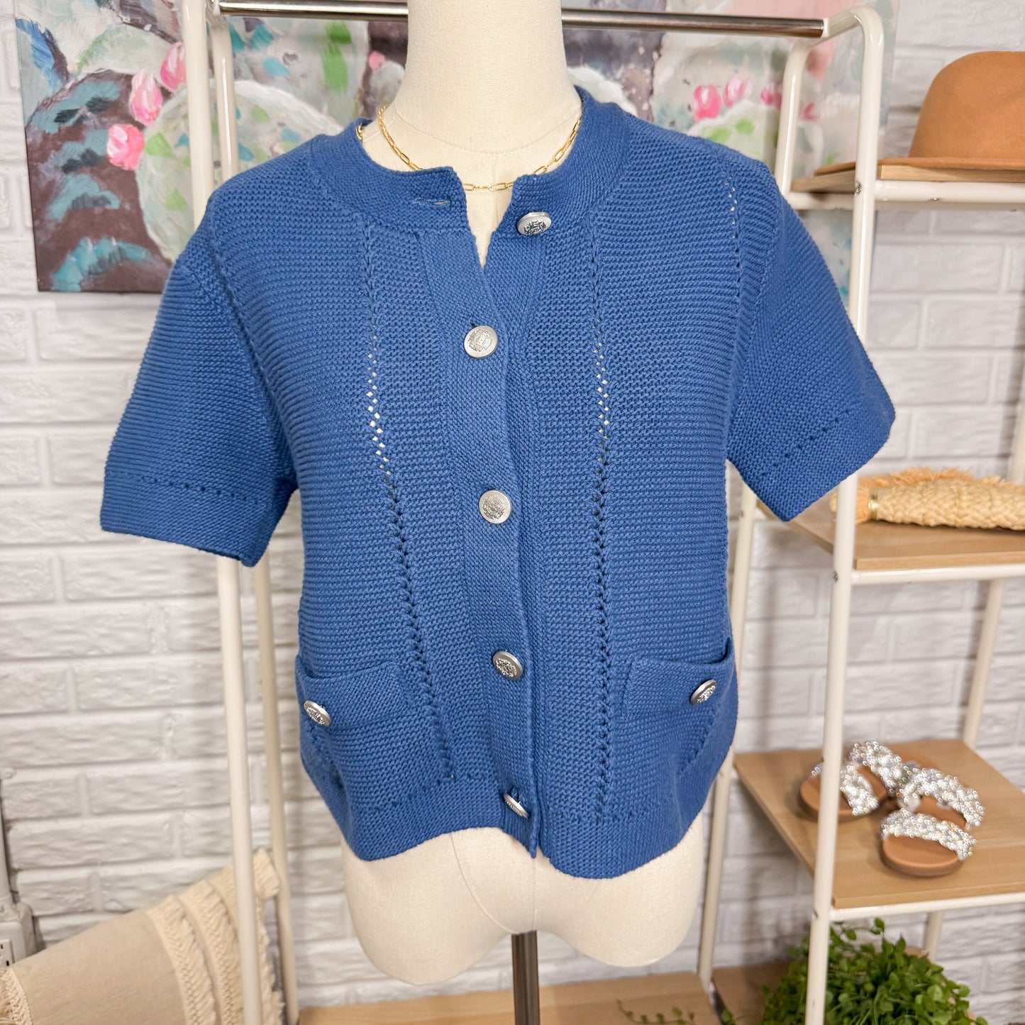 LOFT New Blue Short Sleeve Button Sweater (XS)