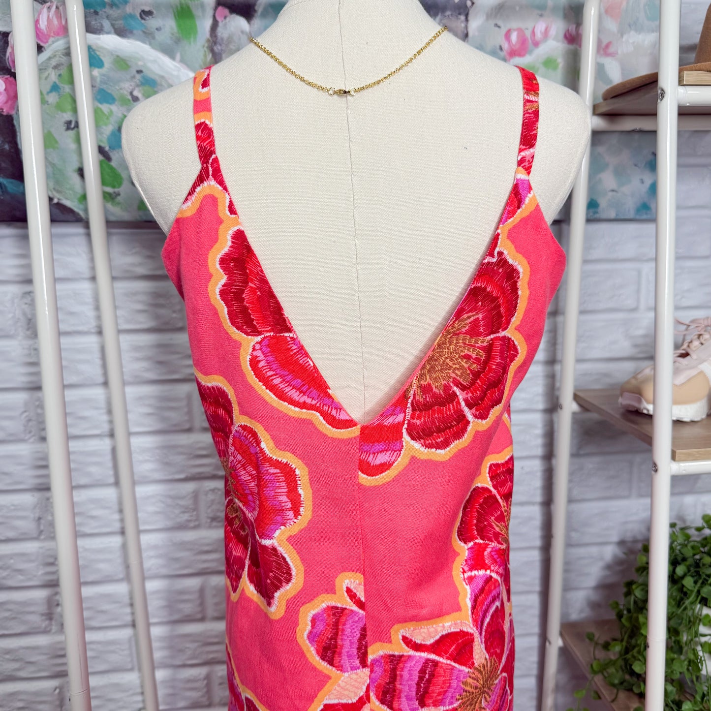 LOFT Linen Floral Pink Maxi Dress (00P)