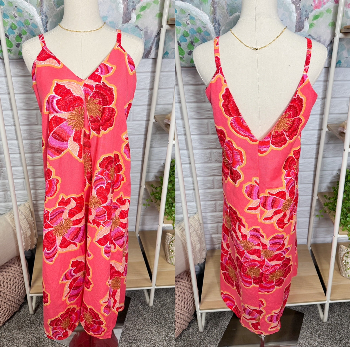 LOFT Linen Floral Pink Maxi Dress (00P)