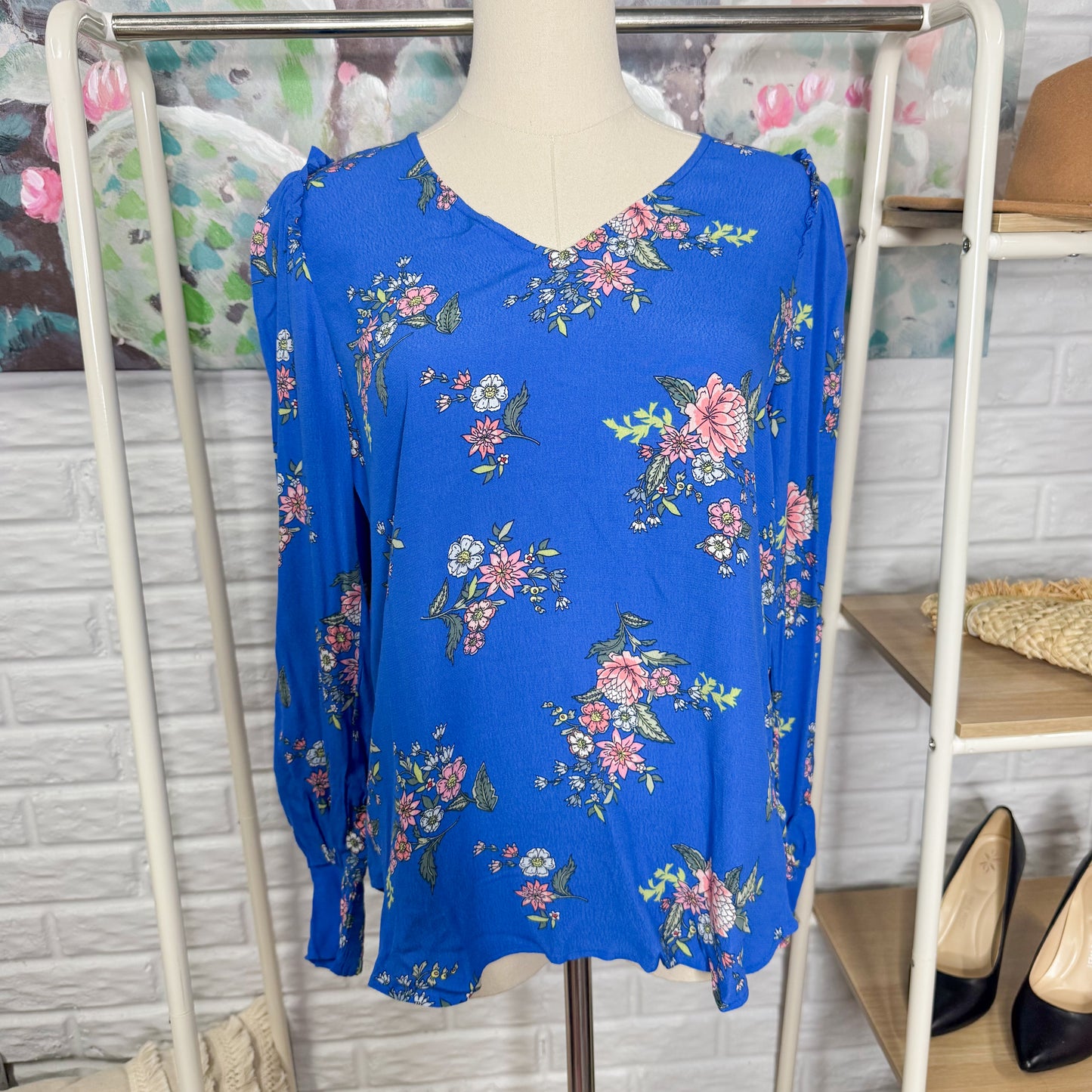 LOFT New Flora Blue V Neck Blouse (SP)