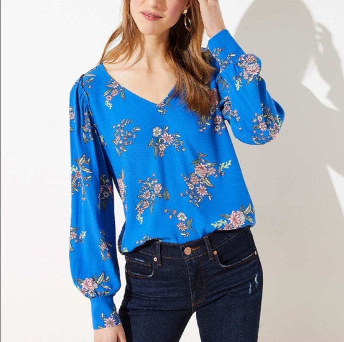 LOFT New Flora Blue V Neck Blouse (SP)