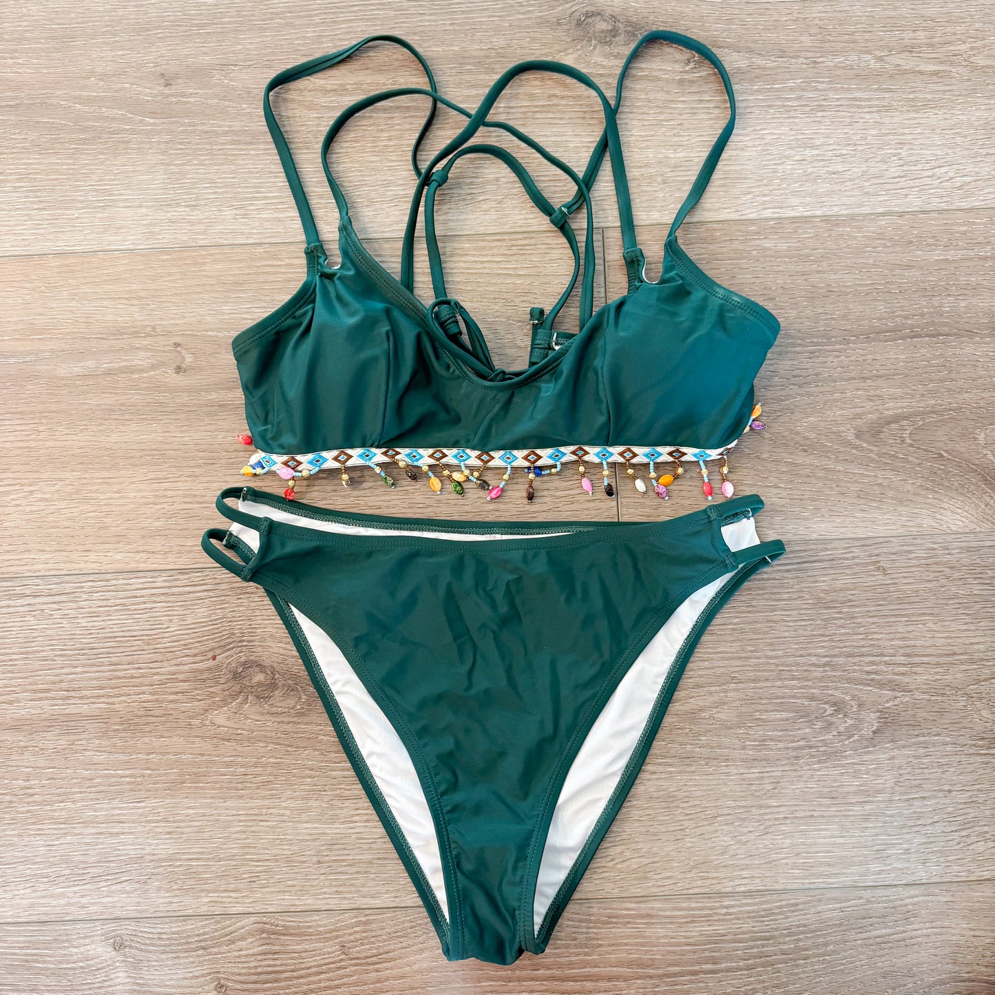 Cupshe Green Beaded Bikini Top & Cutout Cheeky Bottoms Set (M)
