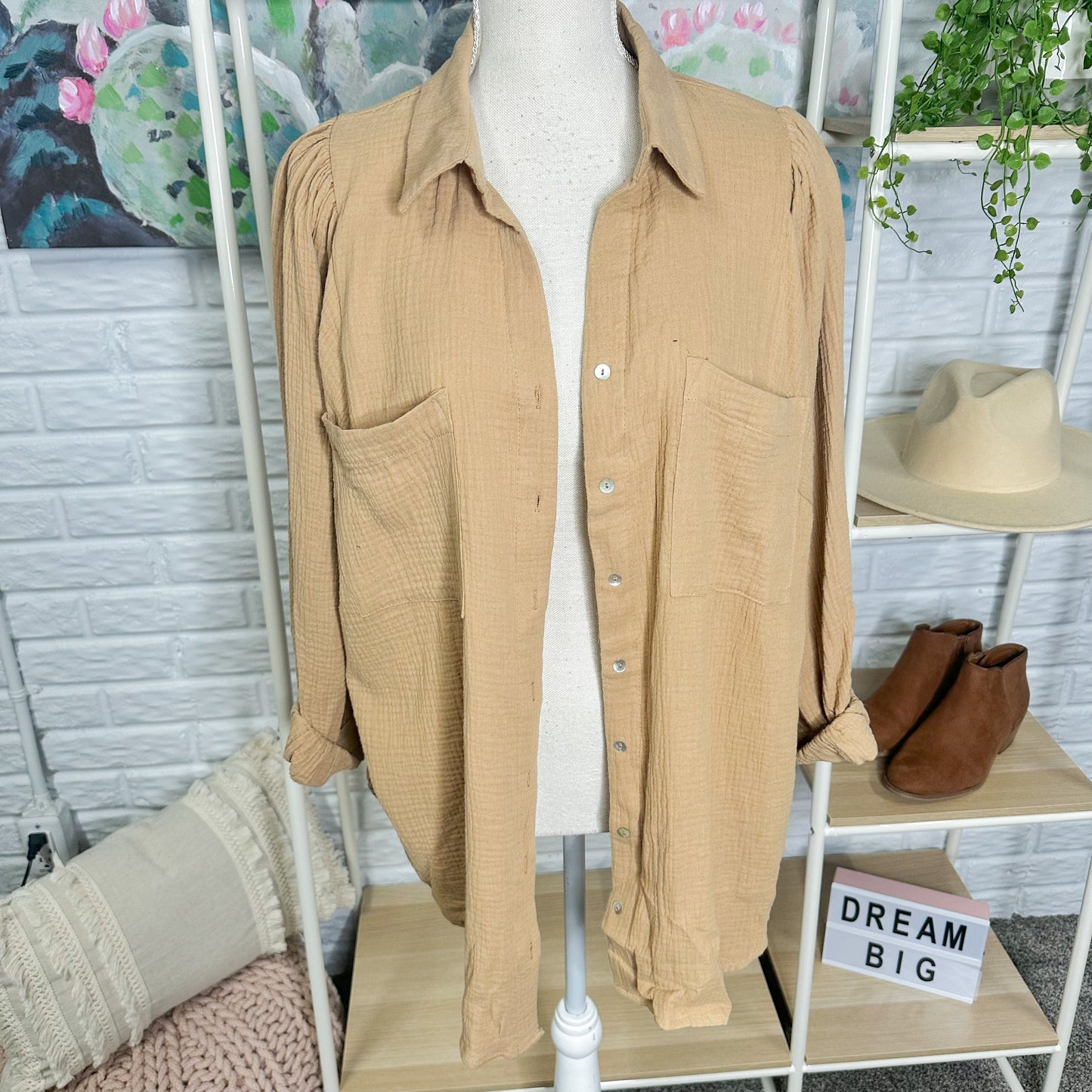 Sweet Generis Tan Button Down Blouse Size Medium