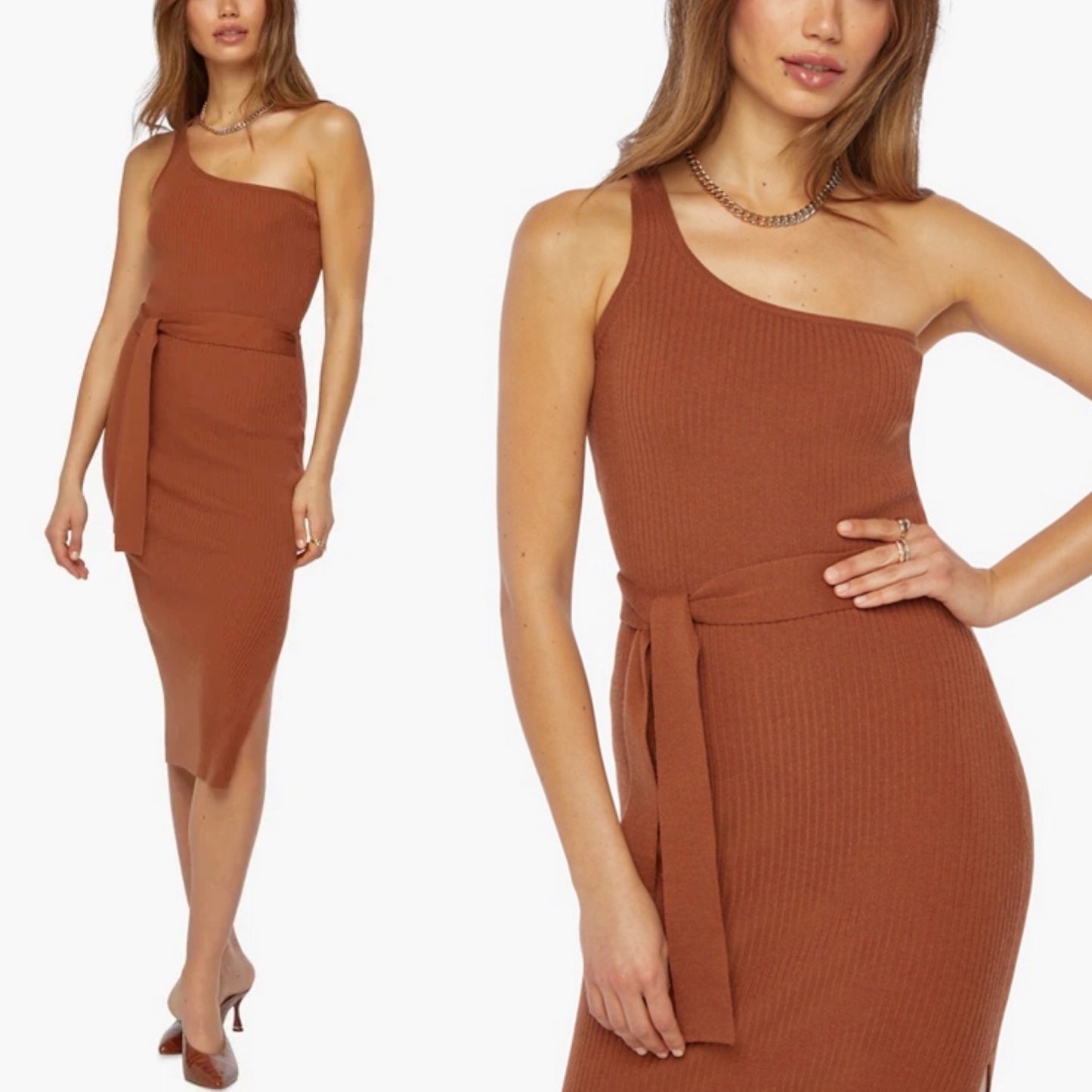 JustFab NEW Rust One Shoulder Ribbed Knit Dress Size Large