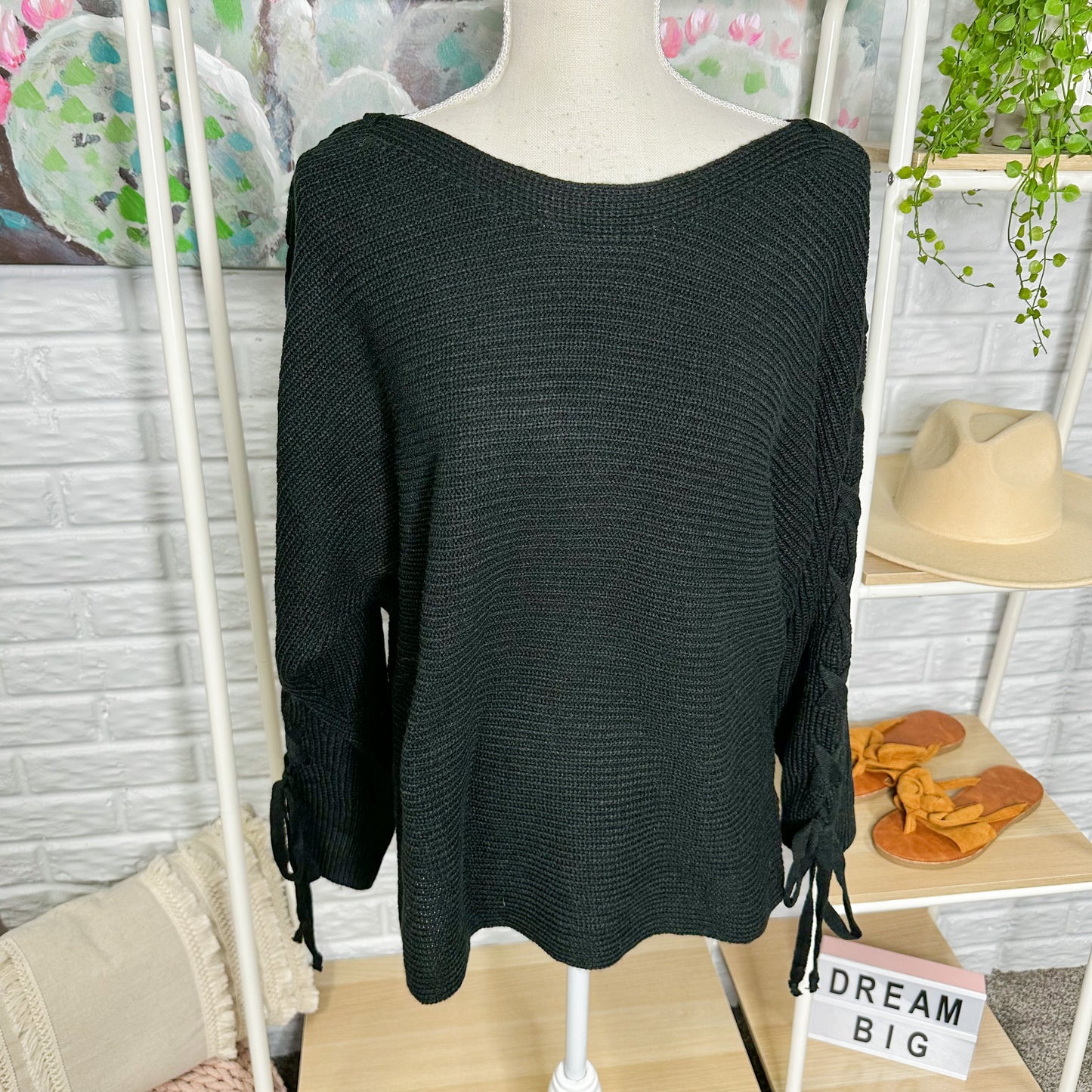 Prettygarden New Black Criss Cross Sleeve Sweater Size Medium