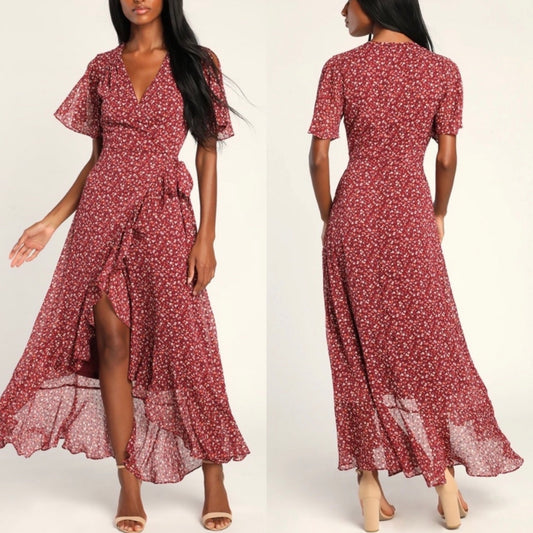 Lulus Good Moments Burgundy Floral Faux Wrap Dress Size Medium