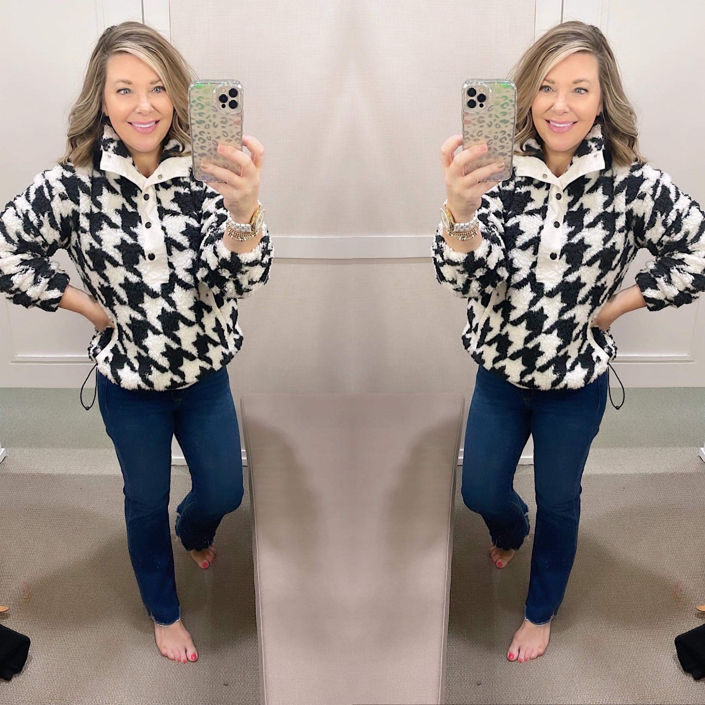 Lou & Grey New Houndstooth Sherpa Pullover Sweater Size XS