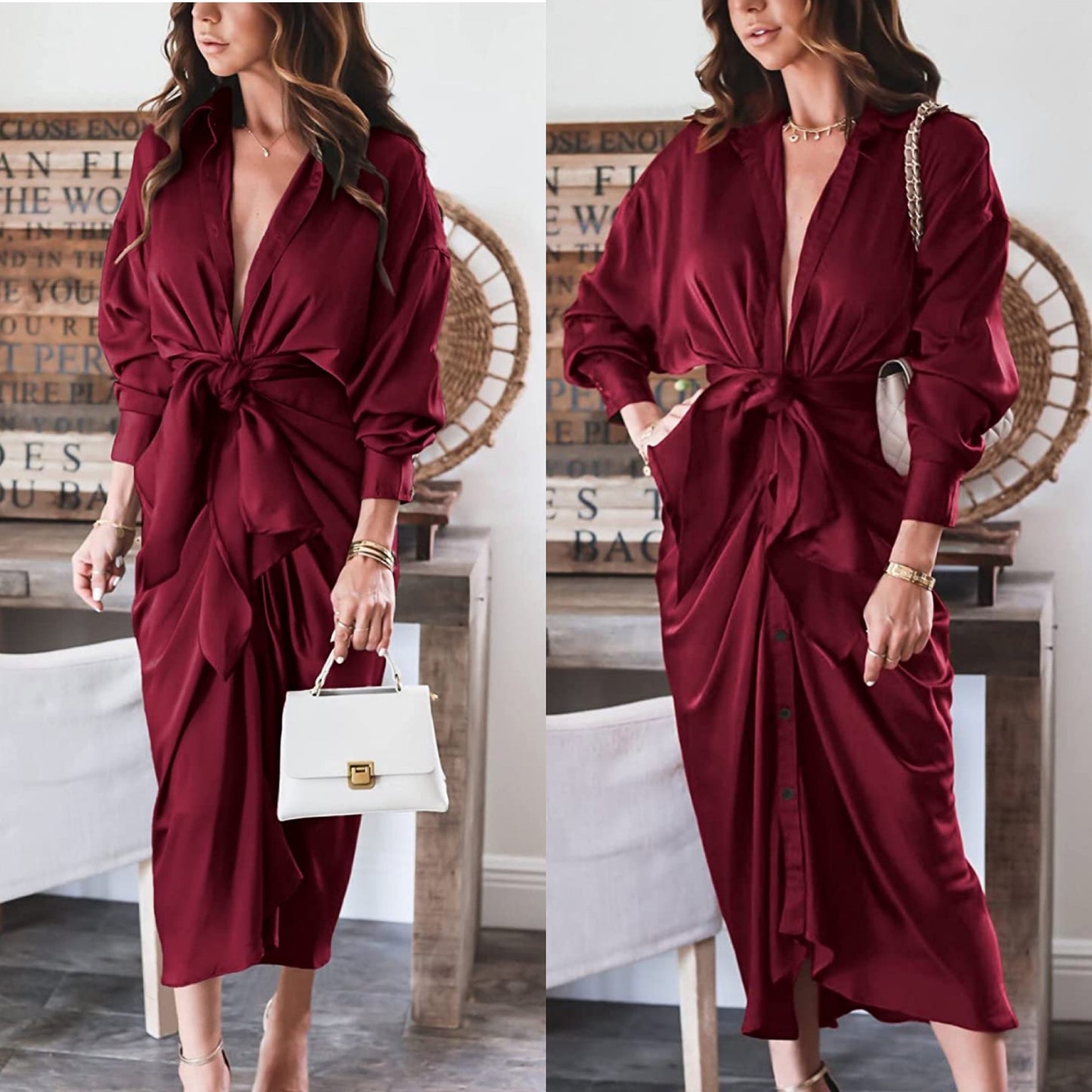 BTFBM New Wine Long Sleeve Lapel Button Down Satin Dress Size Medium