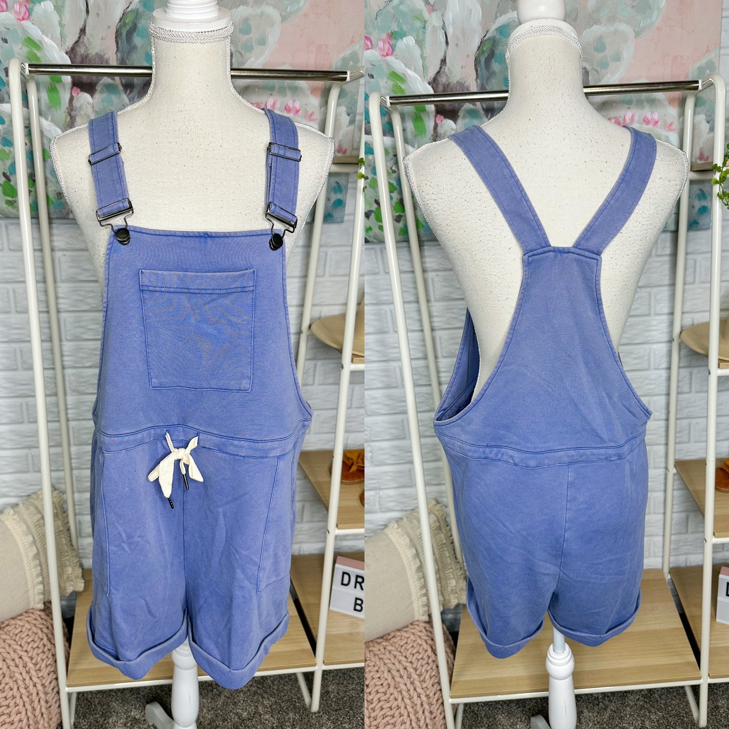 Peach Love Blue Knit Short Overalls Size Large