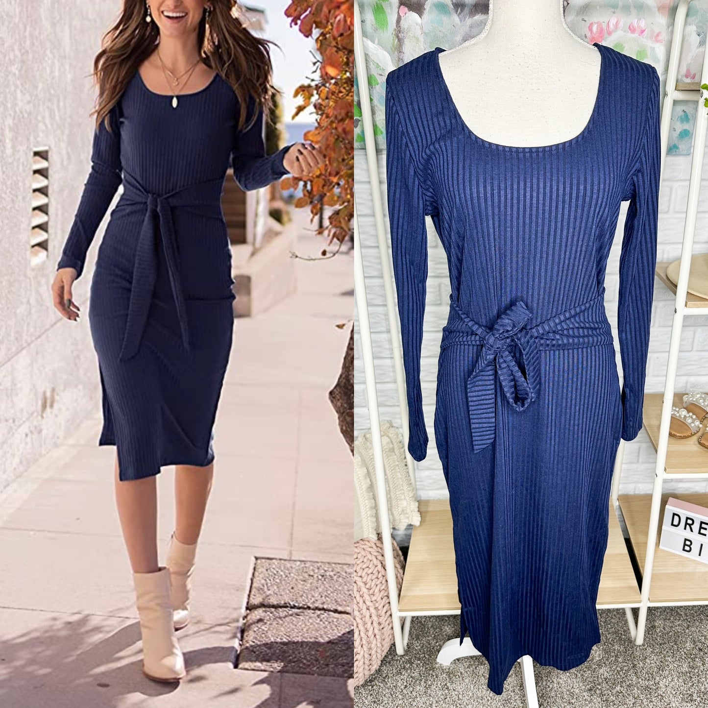 Prettygarden New Blue Ribbed Midi Dress Size Large
