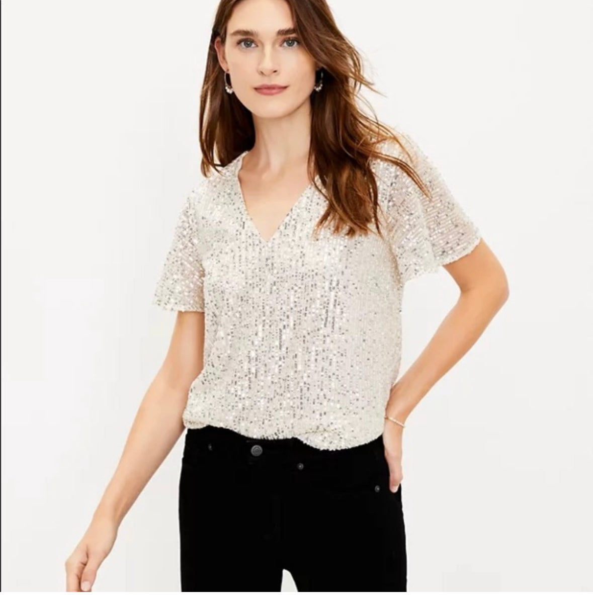 LOFT New Silver Flutter Sleeve Top Size Small