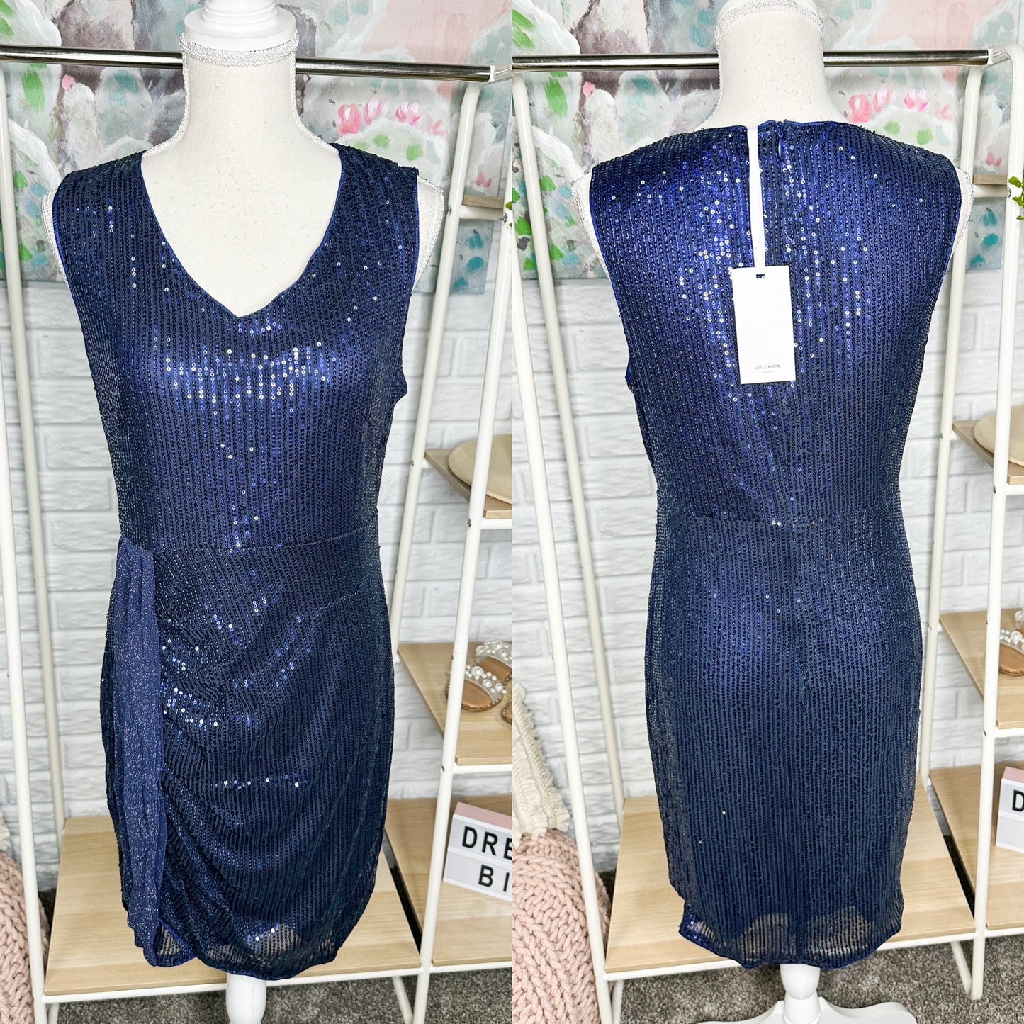 Grace Karin New Dark Blue Sequin Dress Size Large
