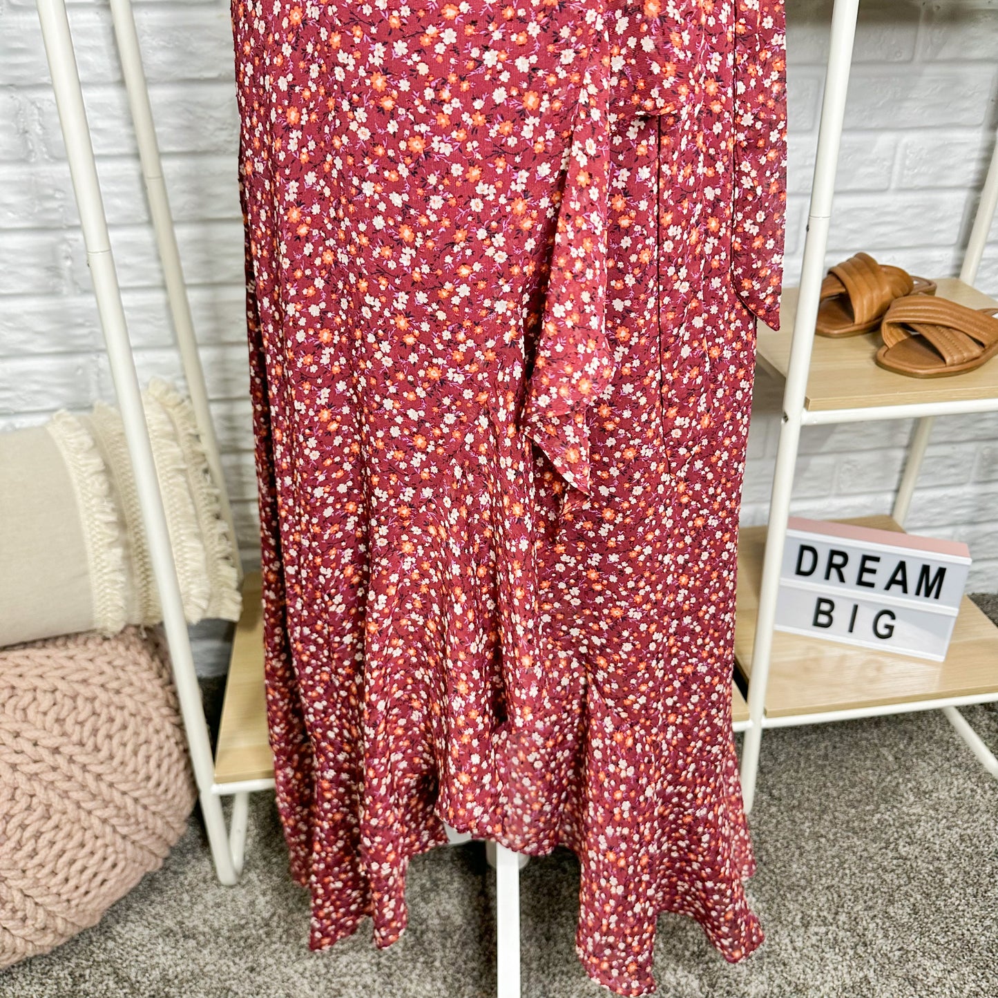 Lulus Good Moments Burgundy Floral Faux Wrap Dress Size Medium