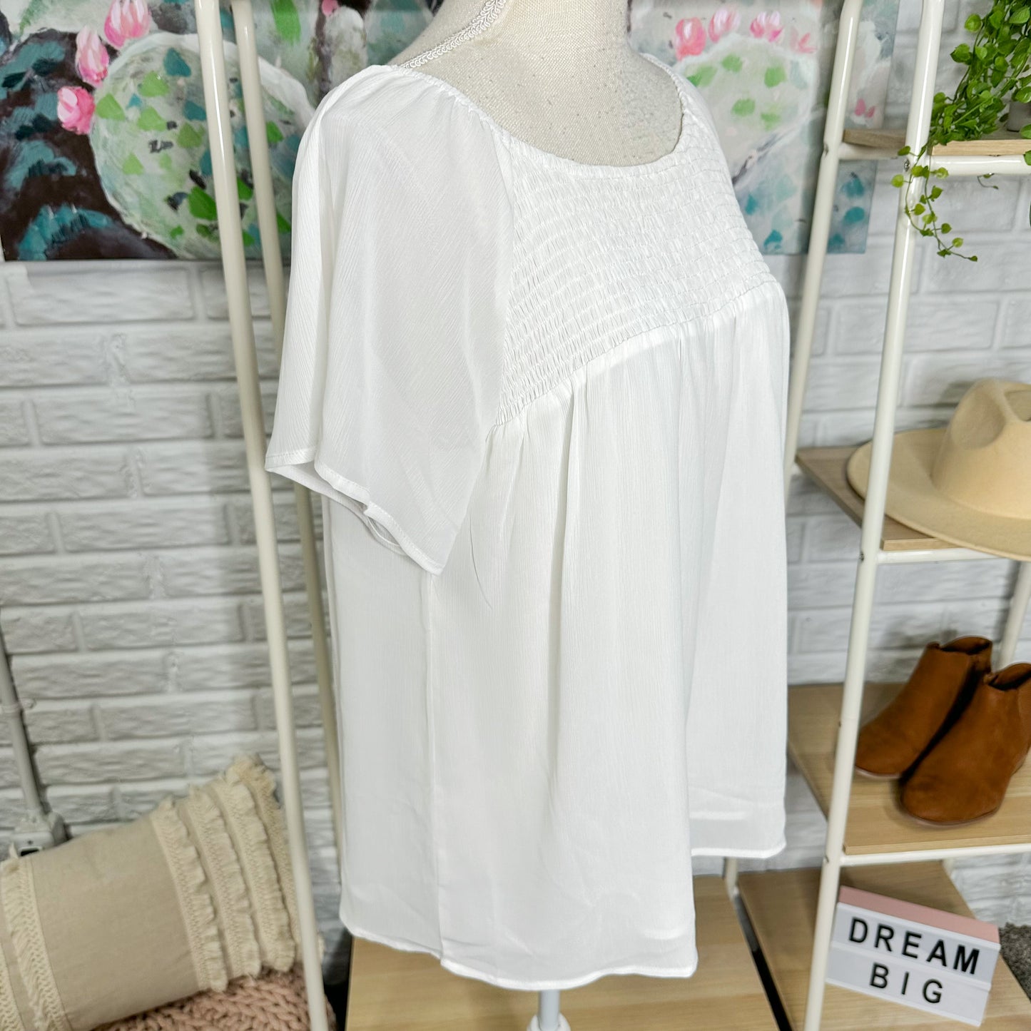 Miholl White Smock Short Sleeve Blouse Size Medium