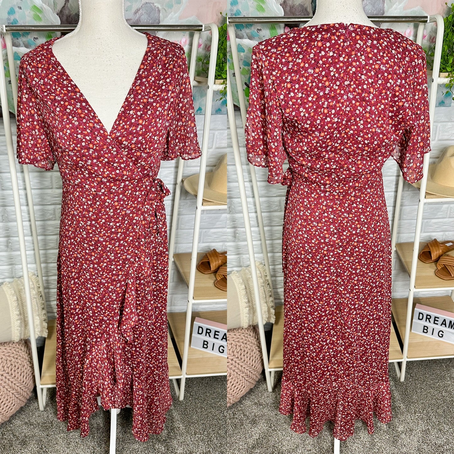 Lulus Good Moments Burgundy Floral Faux Wrap Dress Size Medium