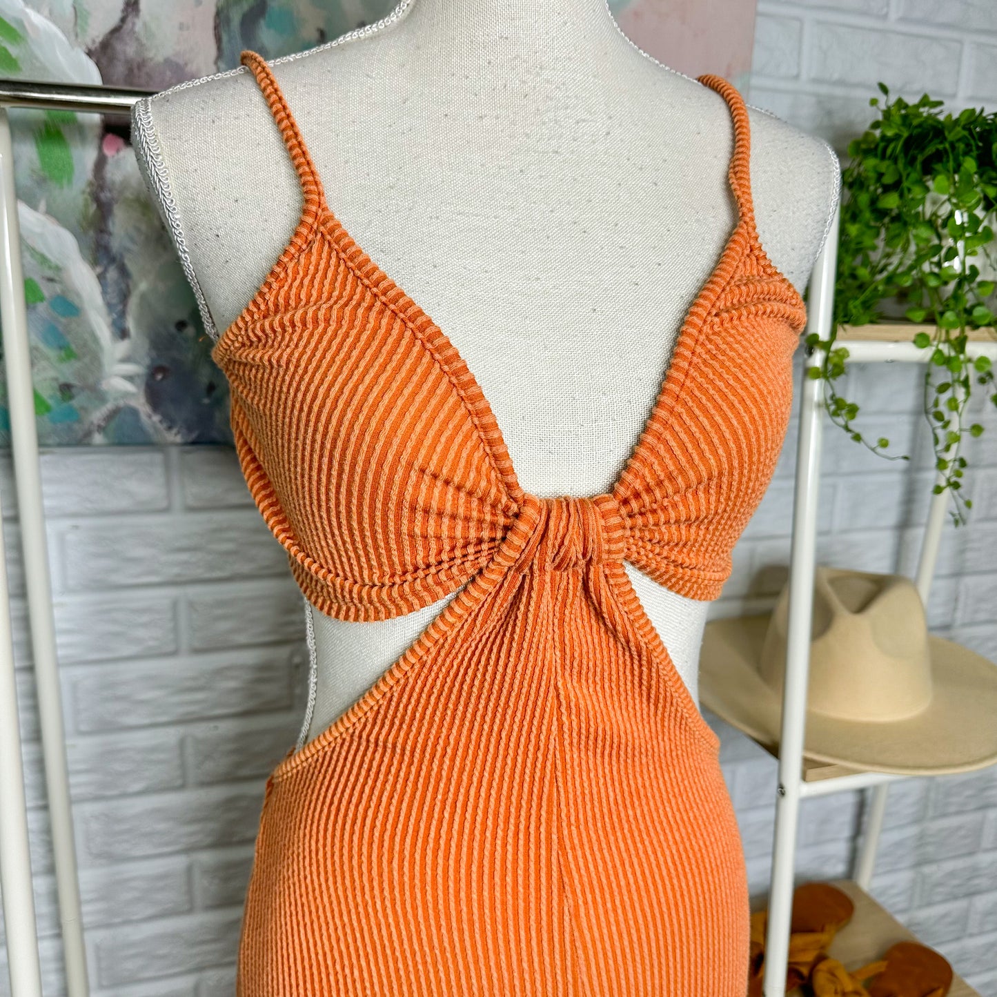 Blue Buttercup Orange Ribbed Cut Out Jumpsuit Size Large