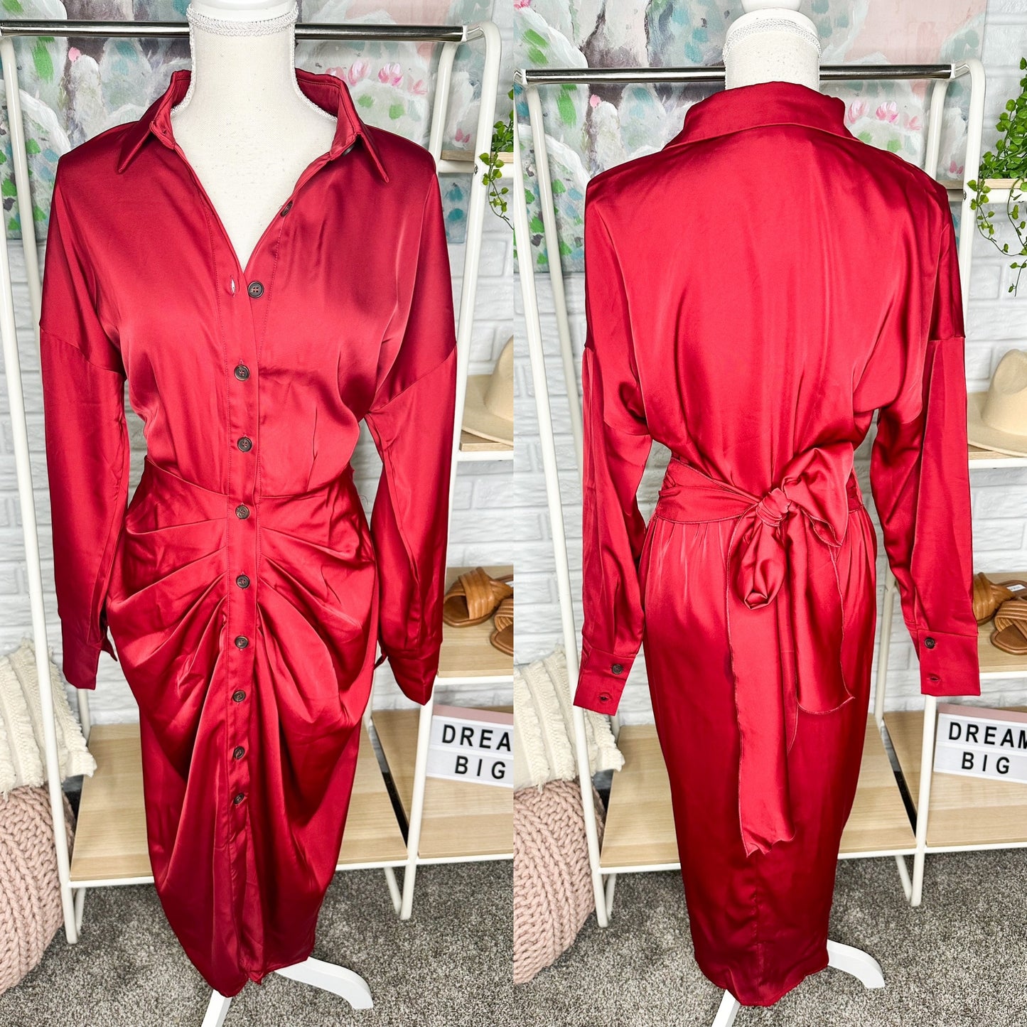 BTFBM New Wine Long Sleeve Lapel Button Down Satin Dress Size Medium