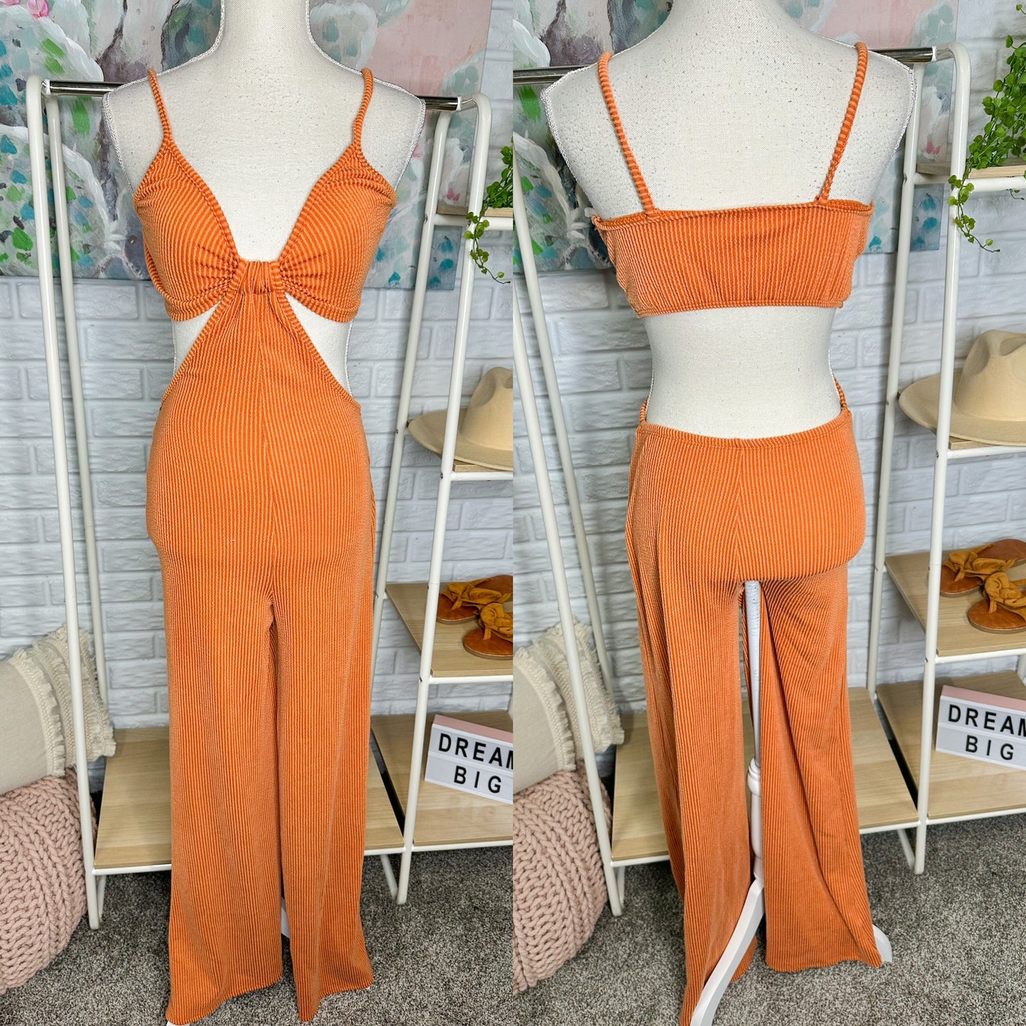 Blue Buttercup Orange Ribbed Cut Out Jumpsuit Size Large