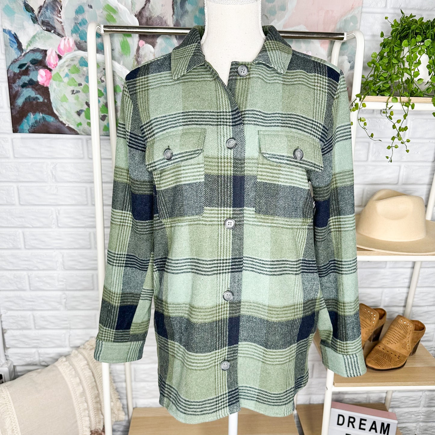 BP New Olive Plaid Shirt Blouse Size XS