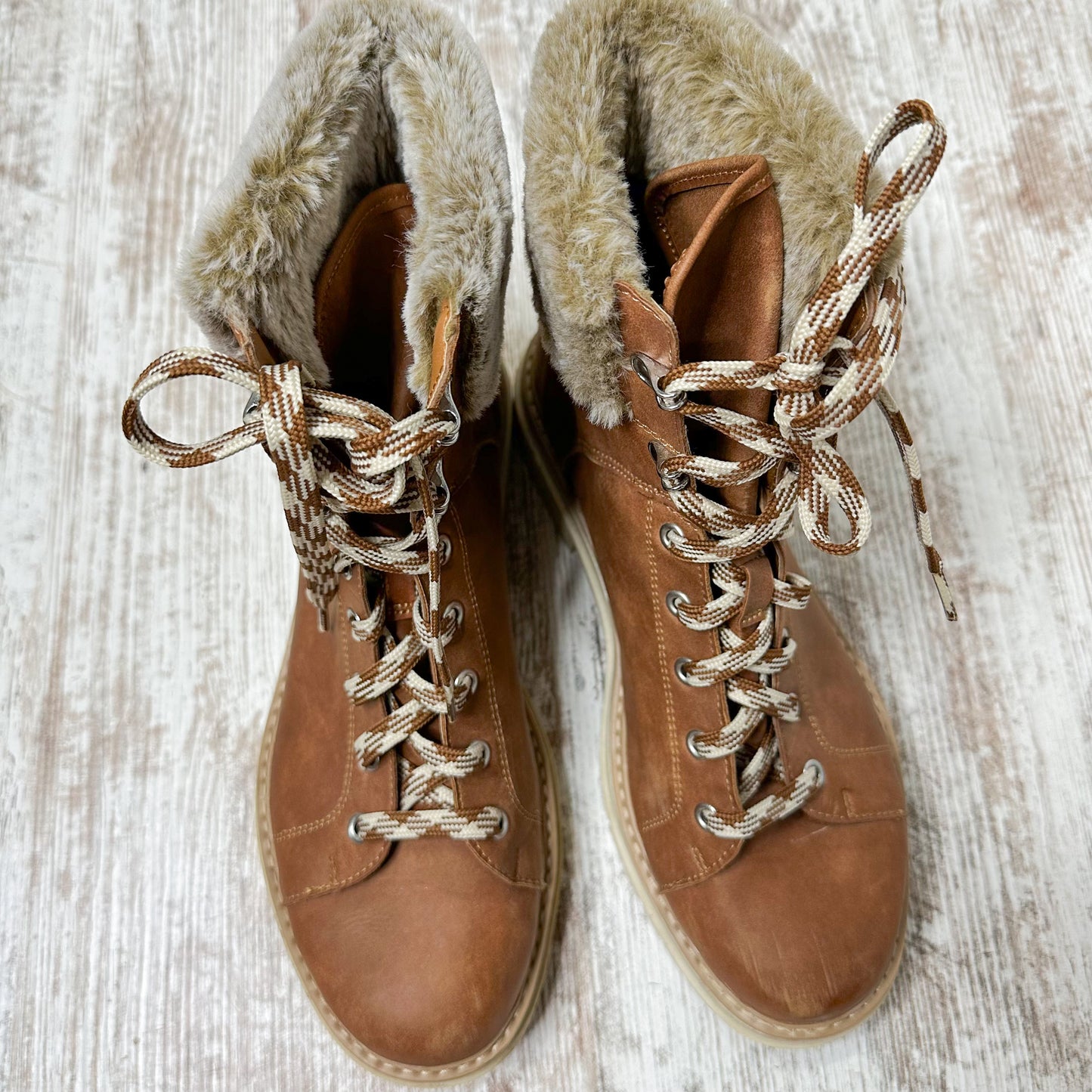Time & Tru Brown Faux Fur Trim Hiker Boots Size 9