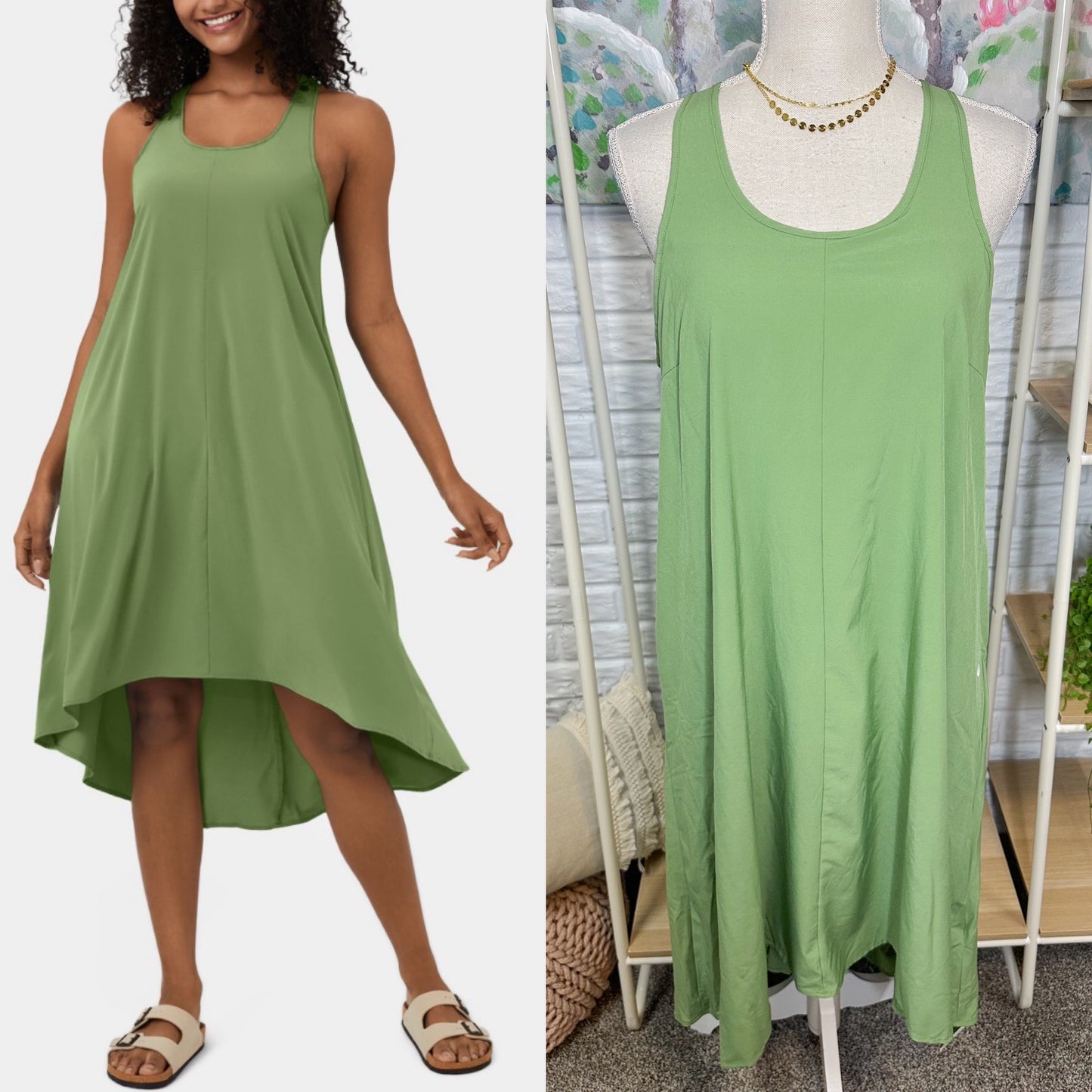 Halara New Green Breezeful™ Backless Racerback Side Pocket High Low Flowy Midi Quick Dry Casual Dress (M)